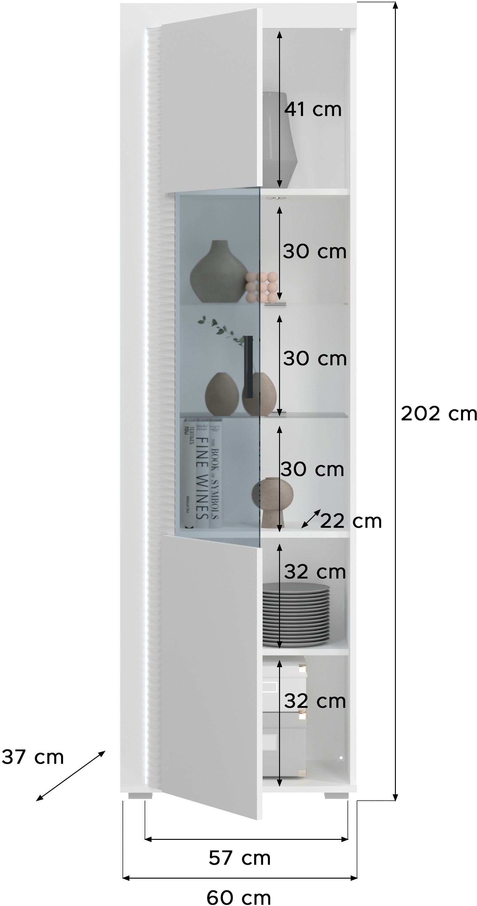 INOSIGN Vitrine »Viborg, Höhe 202cm, ink. vertikaler Frontbeleuchtung, li/re montierbar«, 1 Tür, 6 Fächer, 2 Glaseinlegeböden, 1 höhenverstellbarer Einlegeboden