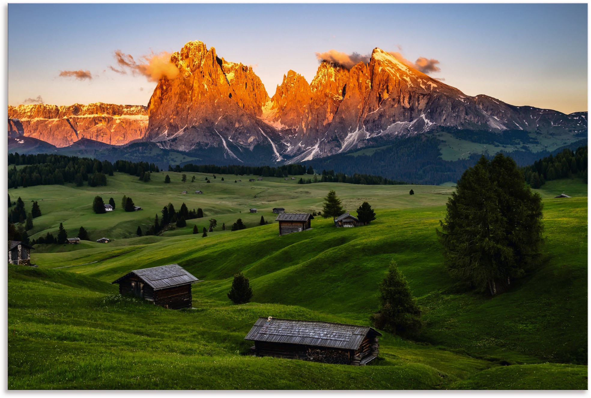 Image of Artland Wandbild »Sonnenuntergang Seiser Alm in Südtirol«, Berge & Alpenbilder, (1 St.), in vielen Grössen & Produktarten - Alubild / Outdoorbild für den Aussenbereich, Leinwandbild, Poster, Wandaufkleber / Wandtattoo auch für Badezimmer geeignet bei Acke