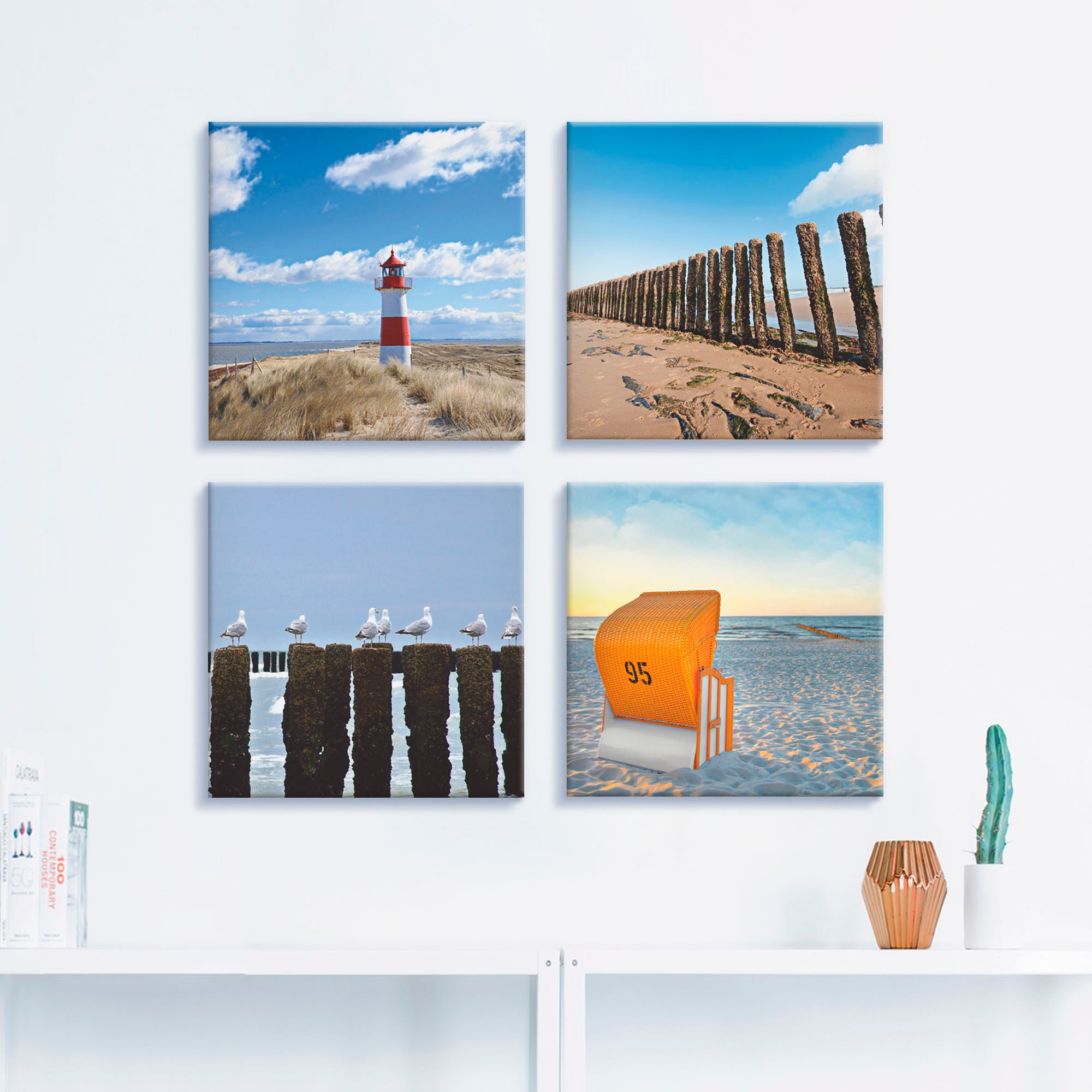 Artland Leinwandbild »Leuchtturm Sylt Strand Möven Strandkorb«, Strand, (4 St.), 4er Set, verschiedene Grössen
