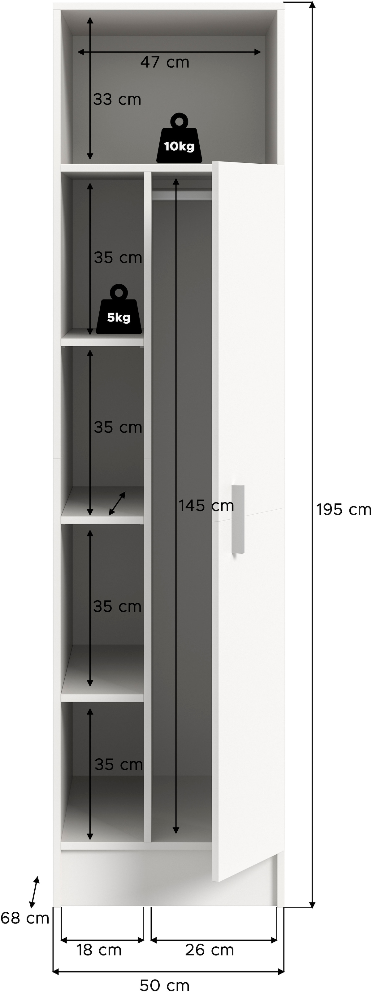 welltime Mehrzweckschrank »FALAS, TOPSELLER!, Höhe 195cm, 1 Tür, 1 Kleiderstange, 5 offene Fächer« in verschiedenen Farben erhältlich, 1 Stk. tlg. Universalschrank, Wäscheschrank, Badezimmer, Hauswirtschaftsschrank