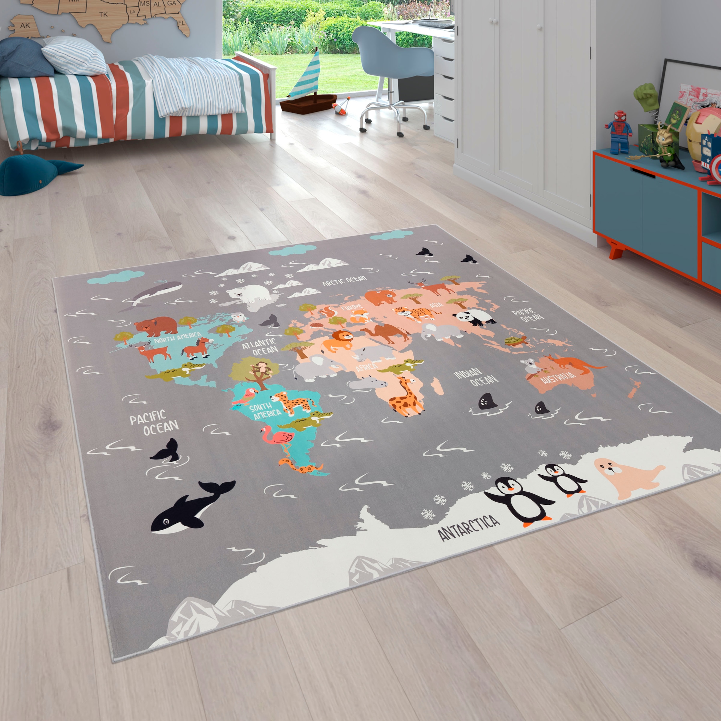 Image of Paco Home Kinderteppich "Bino 581" rechteckig 4 mm Höhe Spielteppich, Motiv Weltkarte & Tiere, Kinderzimmer