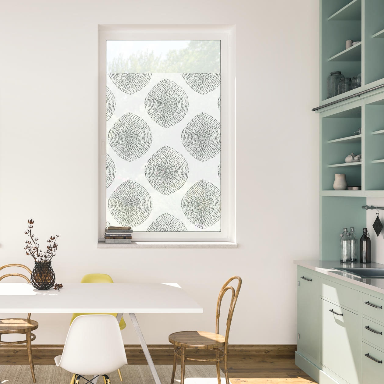 Image of LICHTBLICK ORIGINAL Fensterfolie "Fensterfolie selbstklebend, Sichtschutz, Stripy Boho Drop - Weiss" 1 Stk. blickdicht glatt statisch haftend