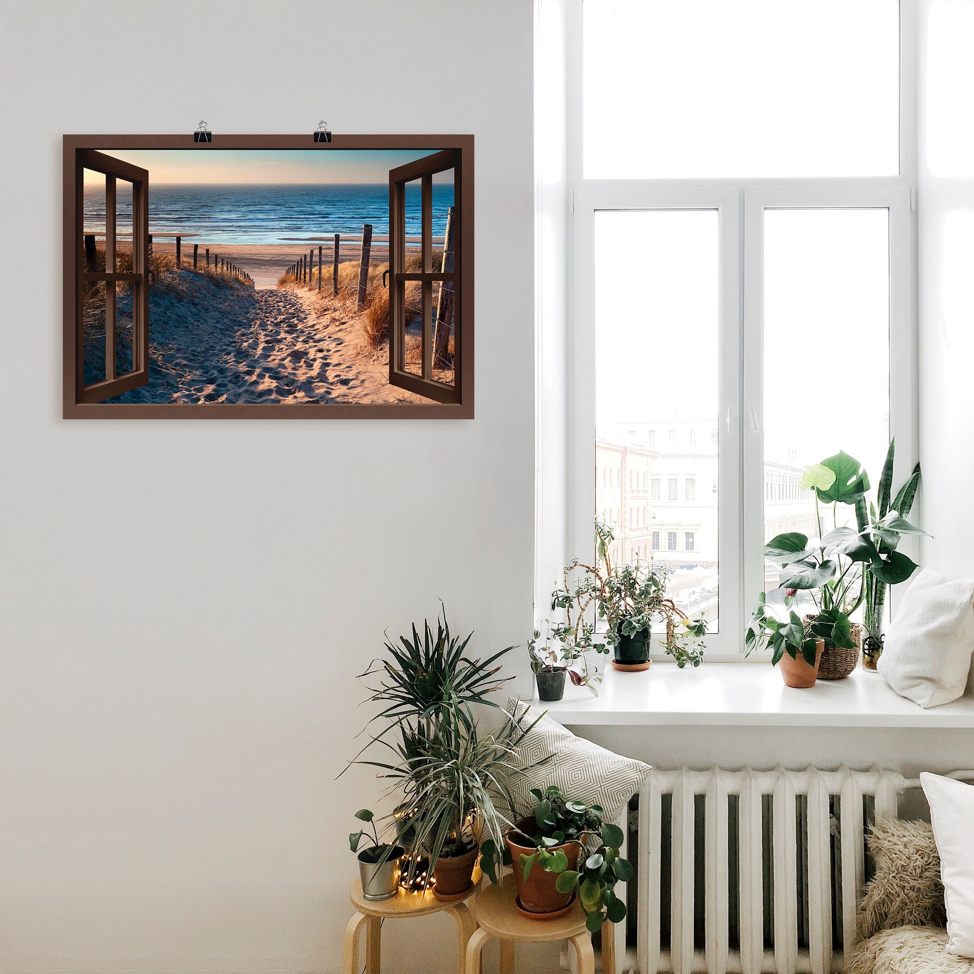 Artland Wandbild »Fensterblick Weg zum Grössen oder (1 Wandaufkleber versch. Poster in als St.), Nordseestrand«, kaufen Strand, Leinwandbild