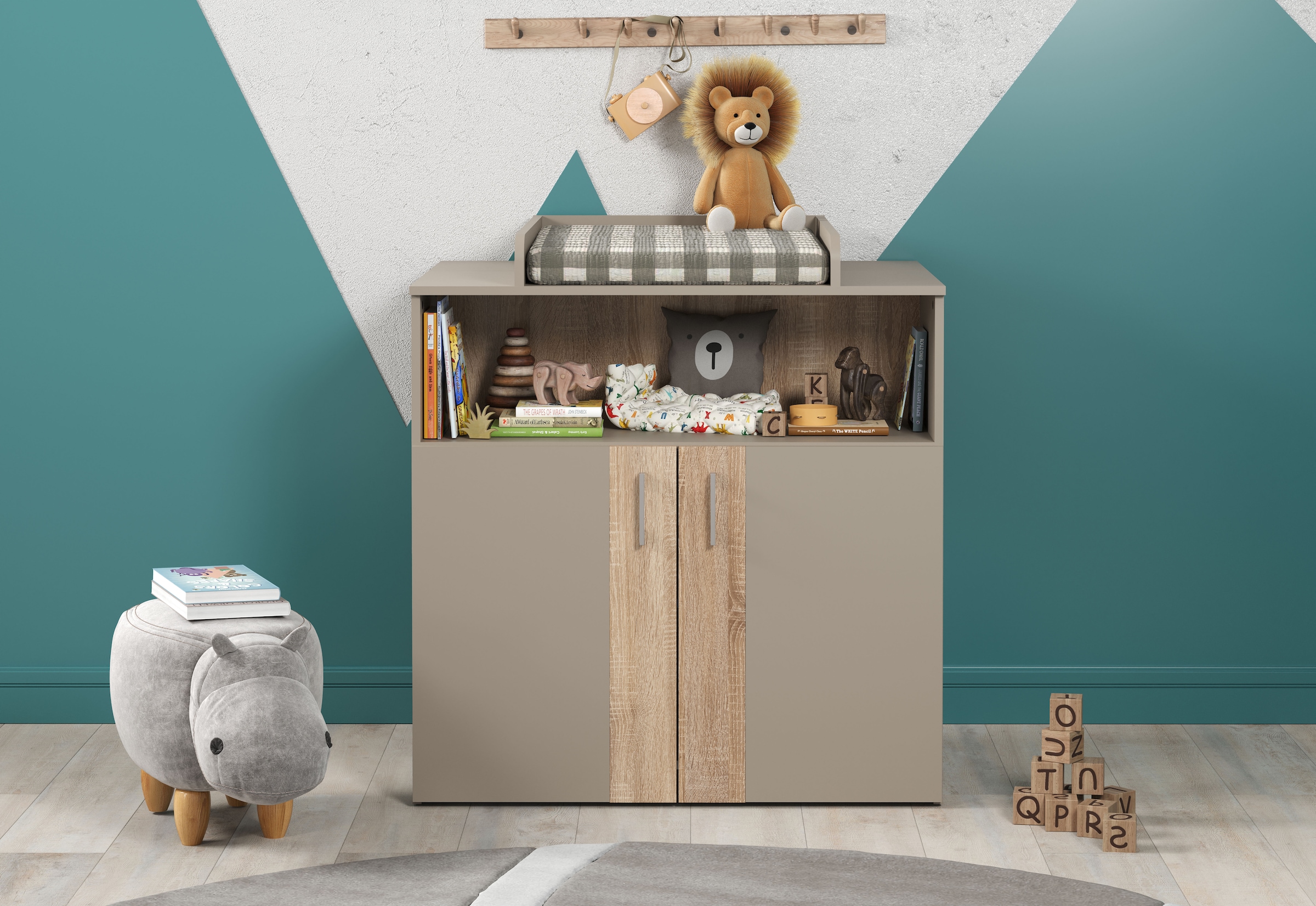 trendteam Babymöbel-Set »Beja«, (Set, 3 tlg.), Gitterbett, Wickelkommode und Kleiderschrank - silberfarbene Griffe
