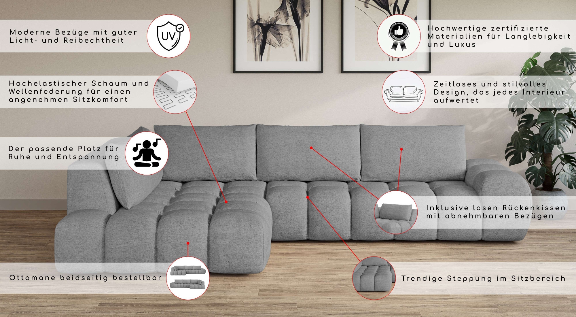 INOSIGN Ecksofa »AZITA klein, L-Form, elegant und bequem Designsofa«, lose Rückenkissen, traumhafte Steppung, Masse B/T/H: 296/176,5/89 cm