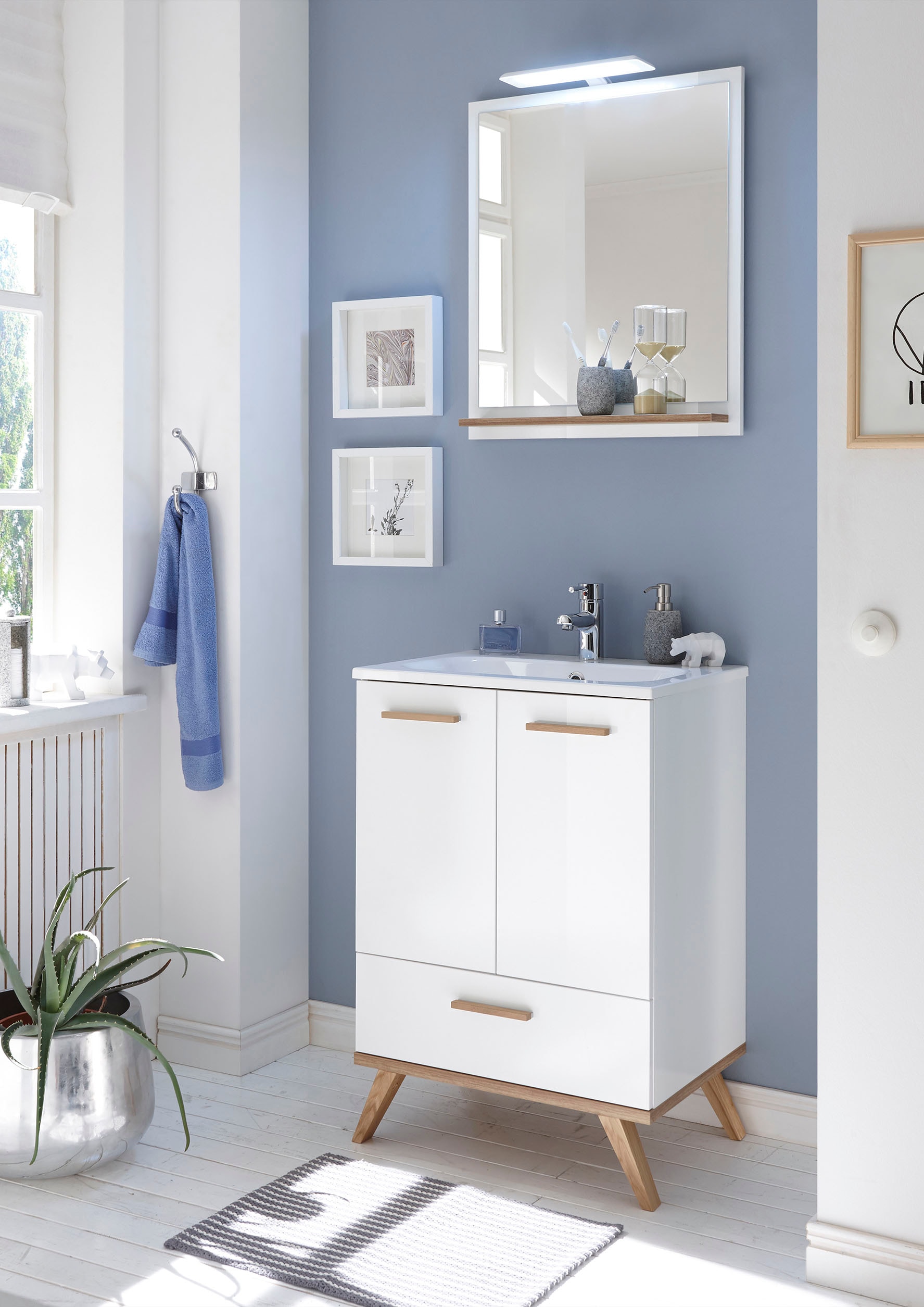 Saphir Waschtisch »Quickset Mineralmarmor-Waschtisch mit Unterschrank, 61 cm breit« Wachplatz, Holzgriffe, inkl. Türdämpfer, 2 Türen, 1 Schublade