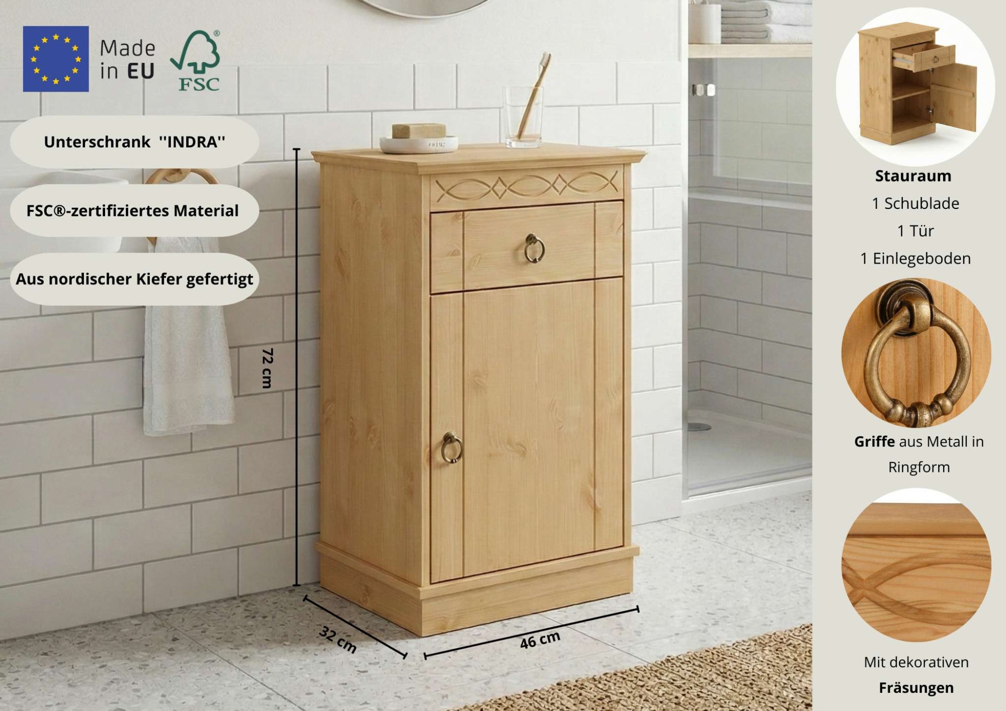 GOODproduct Unterschrank »Indra, Badschrank, Badmöbel, Badezimmerschrank« B/T/H: 46/32/73 cm,  aus massiver Kiefer, mit Schublade,  FSC®-zertifiziert