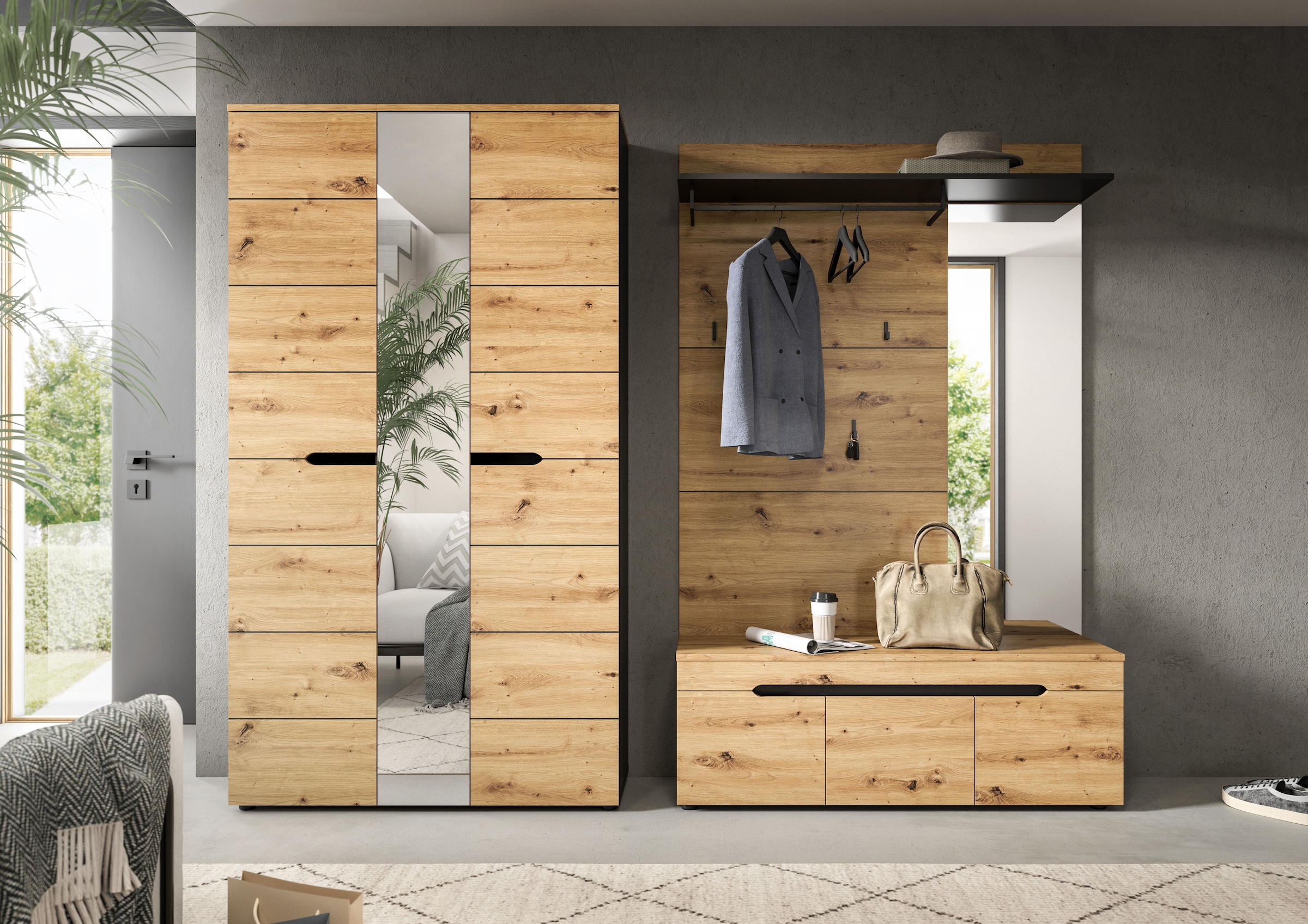 Home affaire Garderoben-Set »REHAT, TOPSELLER!, 3-teilig, Breite 240 cm, individuell stellbar« Set, best. aus: Garderobenschrank, Sitzbank & Garderobenpaneel, 3 Stk. tlg.