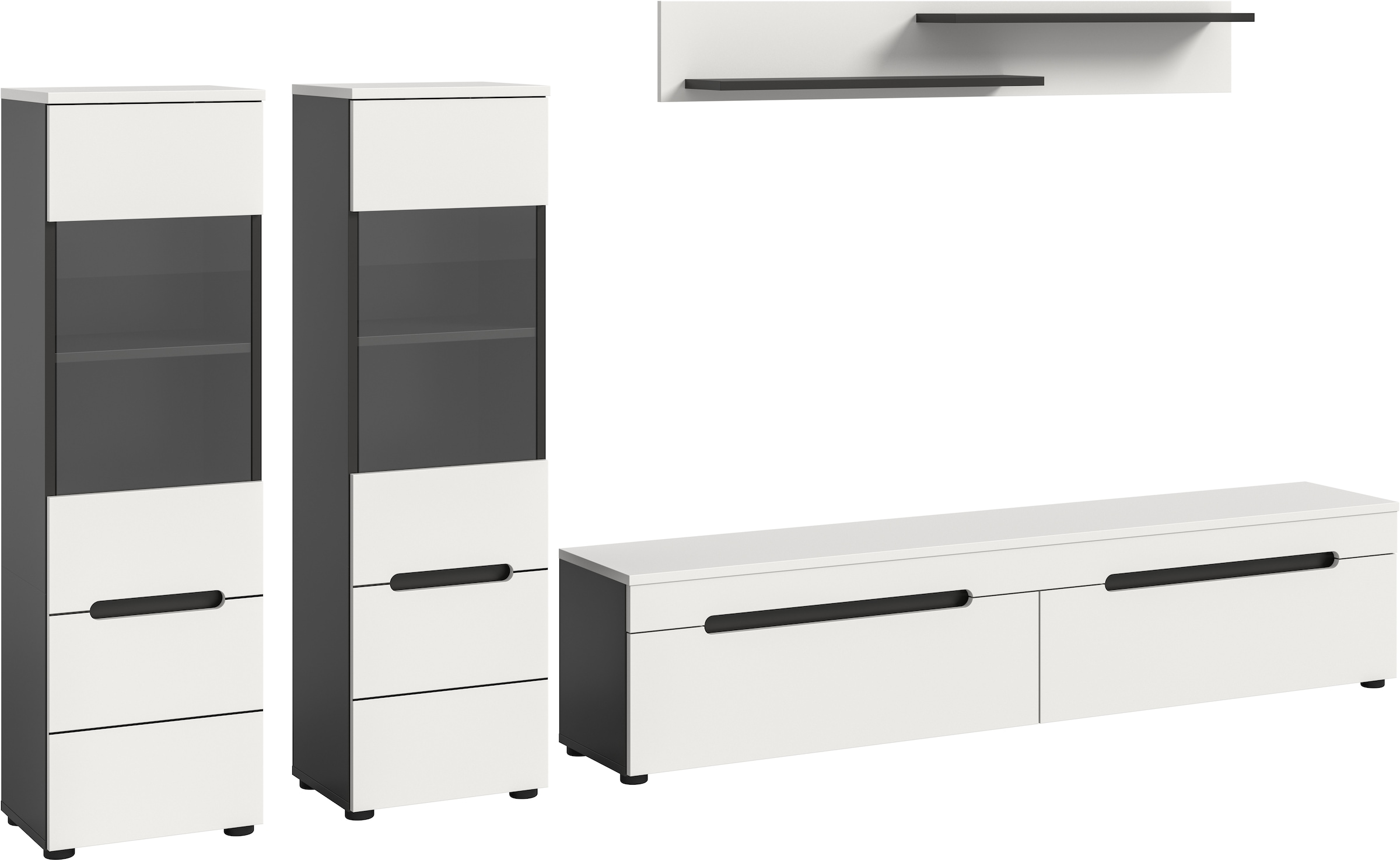 Home affaire Wohnwand »REHAT, TOPSELLER!, 4-teilig, wahlweise stehend und hängend montierbar« Set bestehend aus: 2x Vitrine, Lowboard und Wandboard, 3 Stk. tlg.