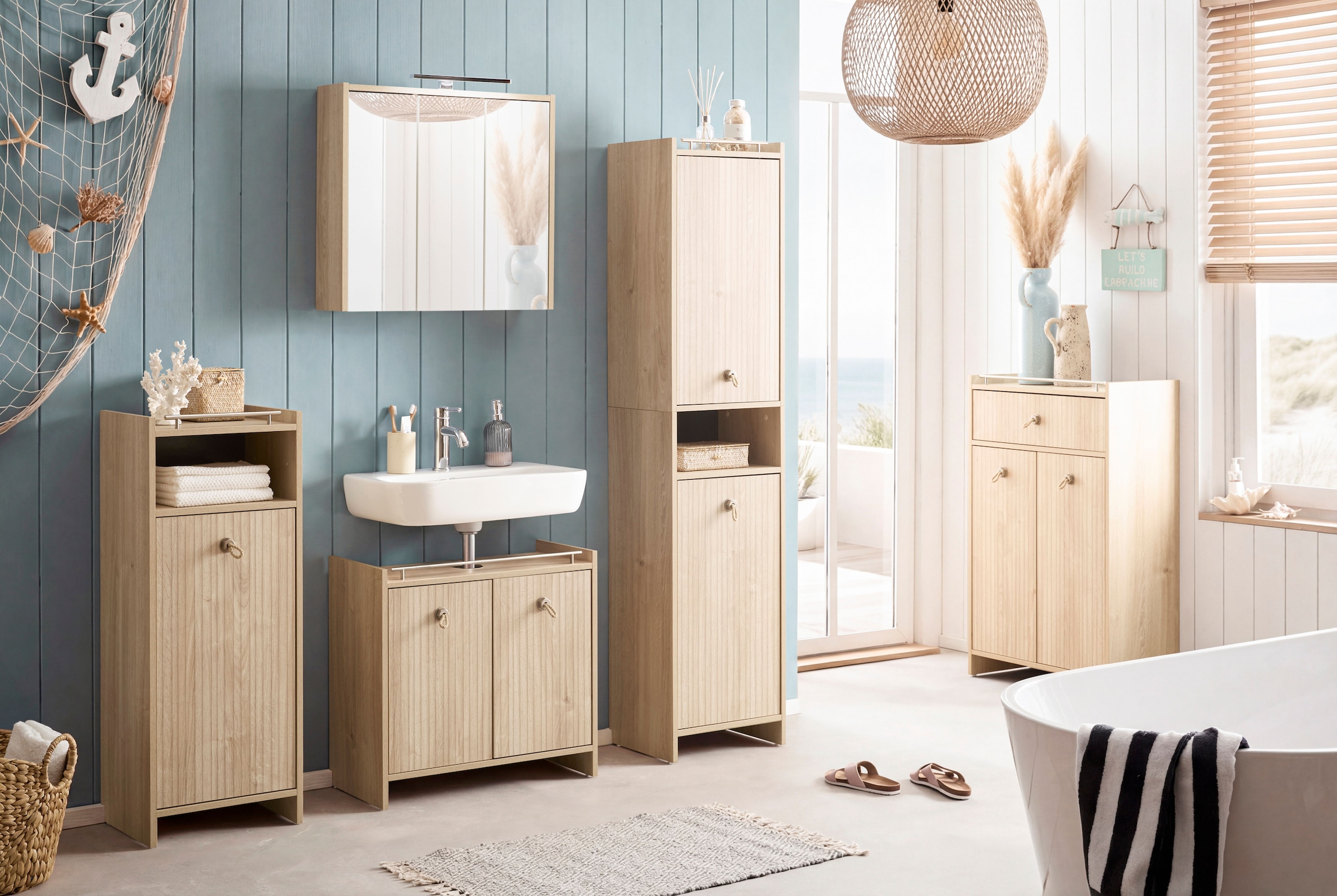 Schildmeyer Armoire intermédiaire »SONDERBY, 1 Tür & 1 offenes Fach, Höhe 104,2 cm, MADE IN GERMANY« 1 cuis tlg. poignées en corde dans un style maritime, FABRIQUÉ EN ALLEMAGNE