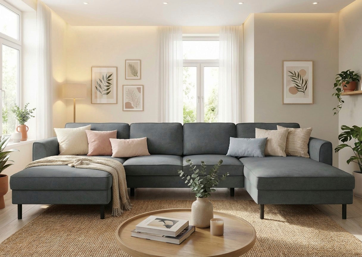 Home affaire Wohnlandschaft »Booster II, whlw. mit Schlaffunktion & Bettkasten, Fuss schwarz« Sofa in U-Form, Breite 305 cm, in Cord oder Struktur LEO o. LINO