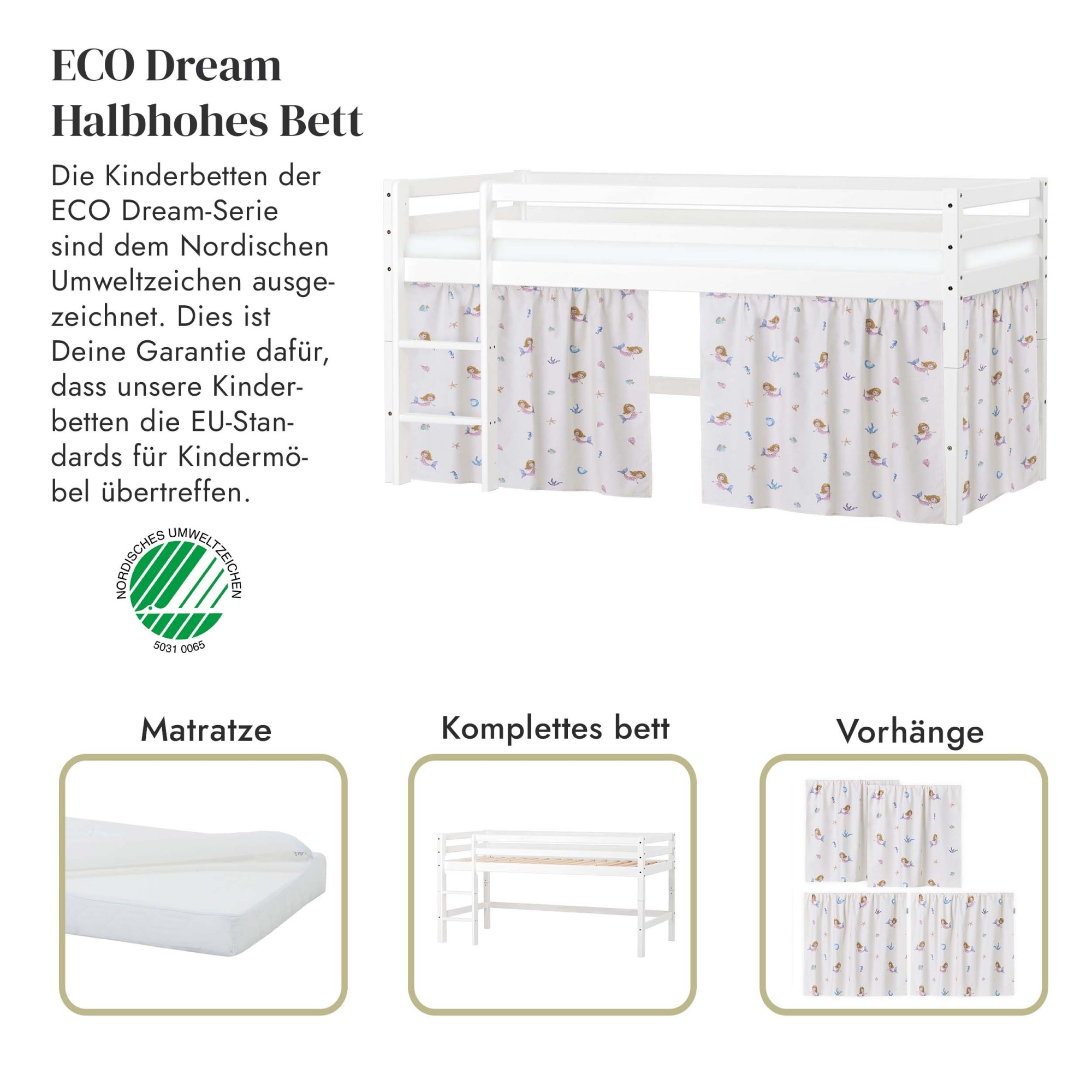Hoppekids Spielbett »ECO Dream, Hochbett, in 2 Einzelbetten teilbar«, Massivholzbett mit Meerjungfrau-Vorhang, Matratze & 2 Grössen wählbar