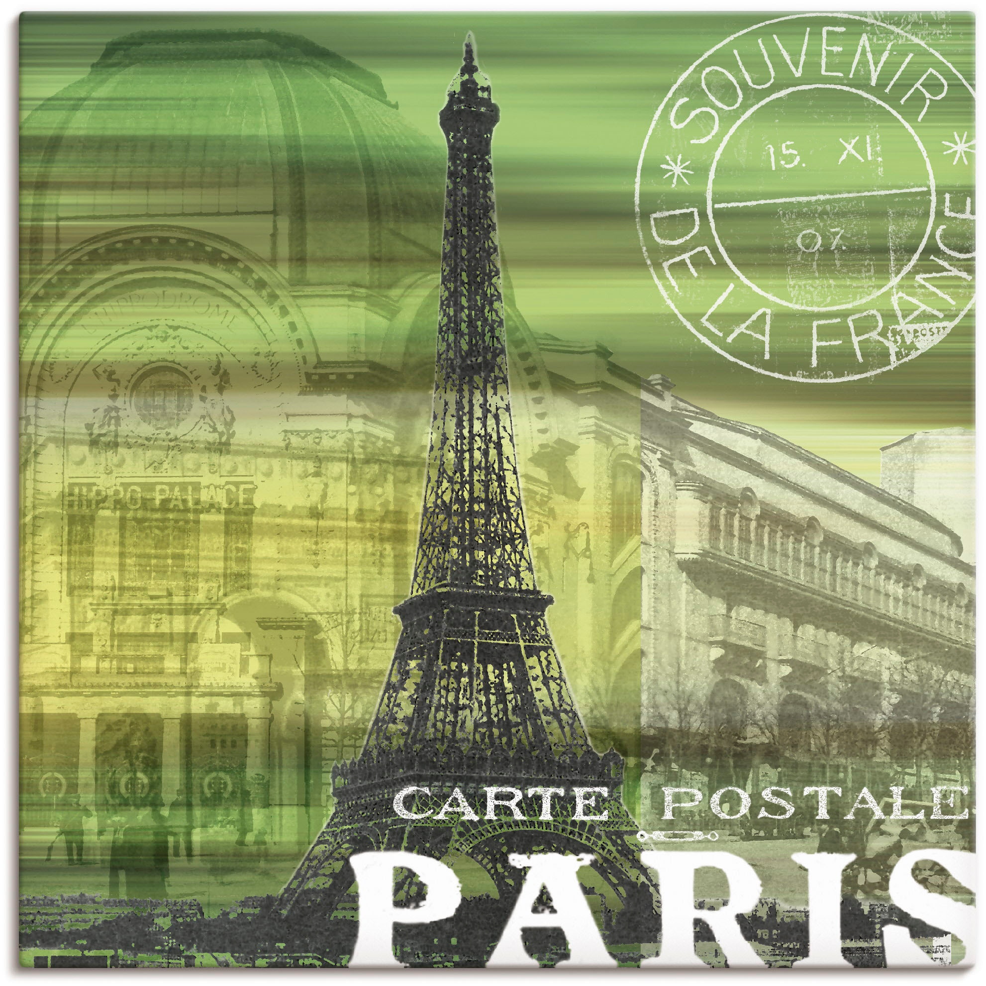 Image of Artland Leinwandbild "Paris Collage - grün" Gebäude 1 Stk. tlg. auf Holzrahmen gespannt