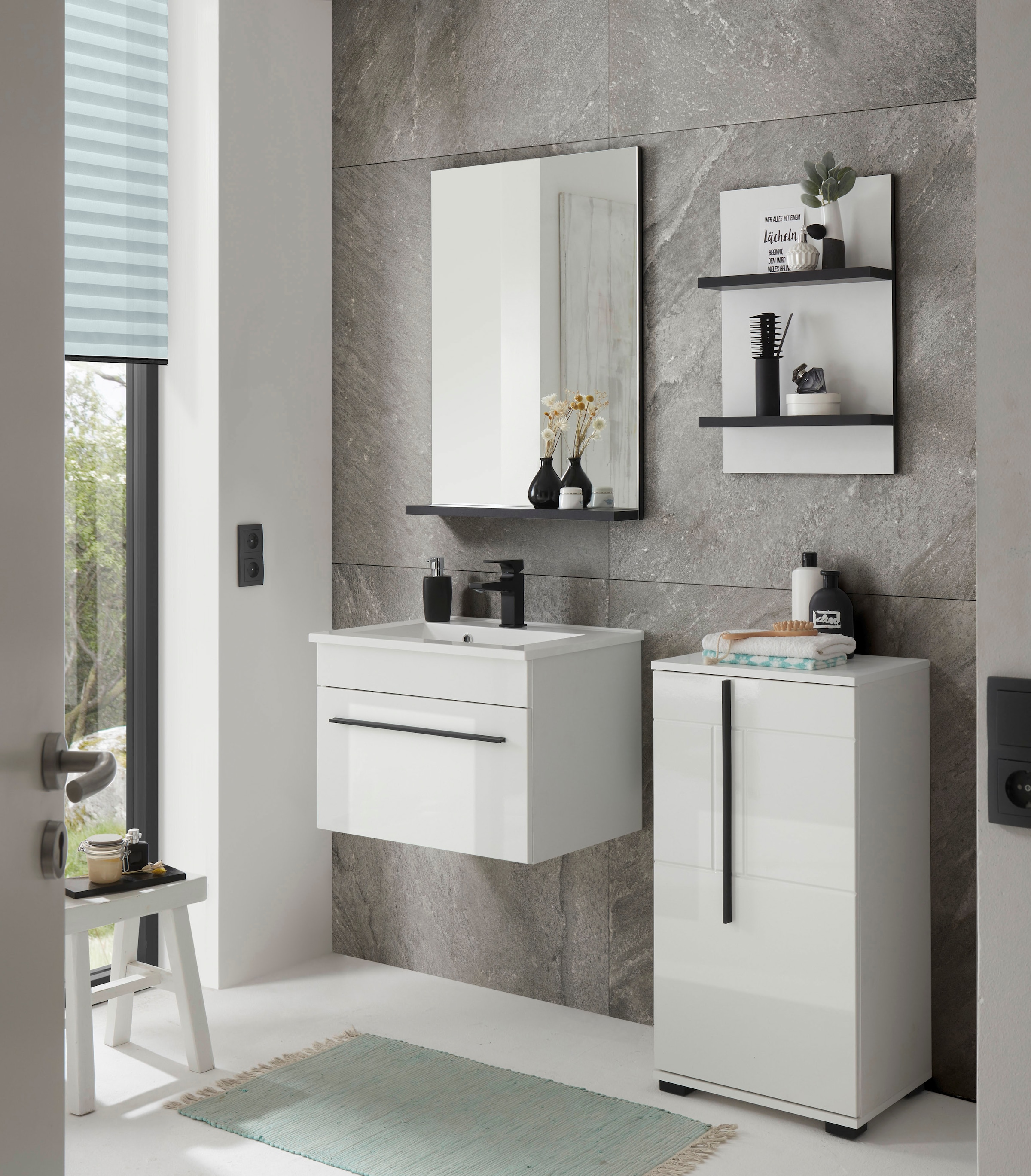 INOSIGN Badmöbel-Set »Cantara, Bad im modernen Design, 4-teiliges Badezimmer«, (Set, 4 St.), Waschtisch, Schrank, Hängeregal und Spiegel, in Weiss Hochglanz