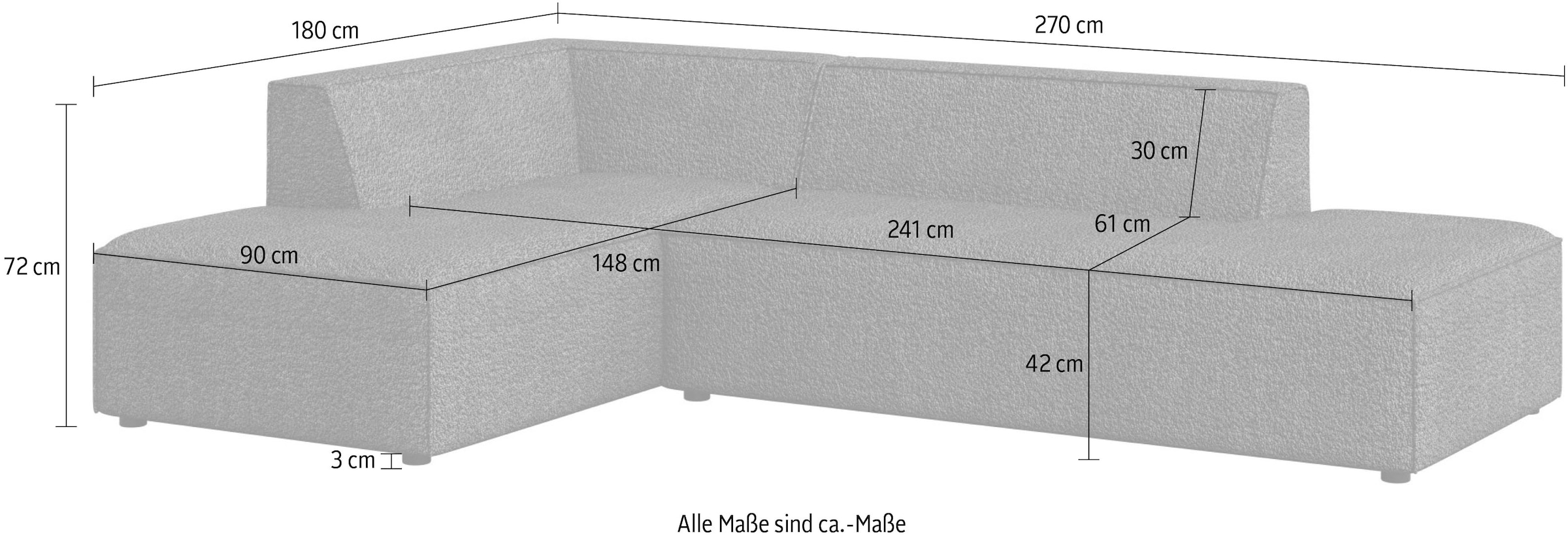 INOSIGN Ecksofa »Ecksofa Cavan mit Ottomane links oder rechts bestellbar«, L-Form mit Wellenunterfederung, Masse B/T/H: 270/180/72 cm