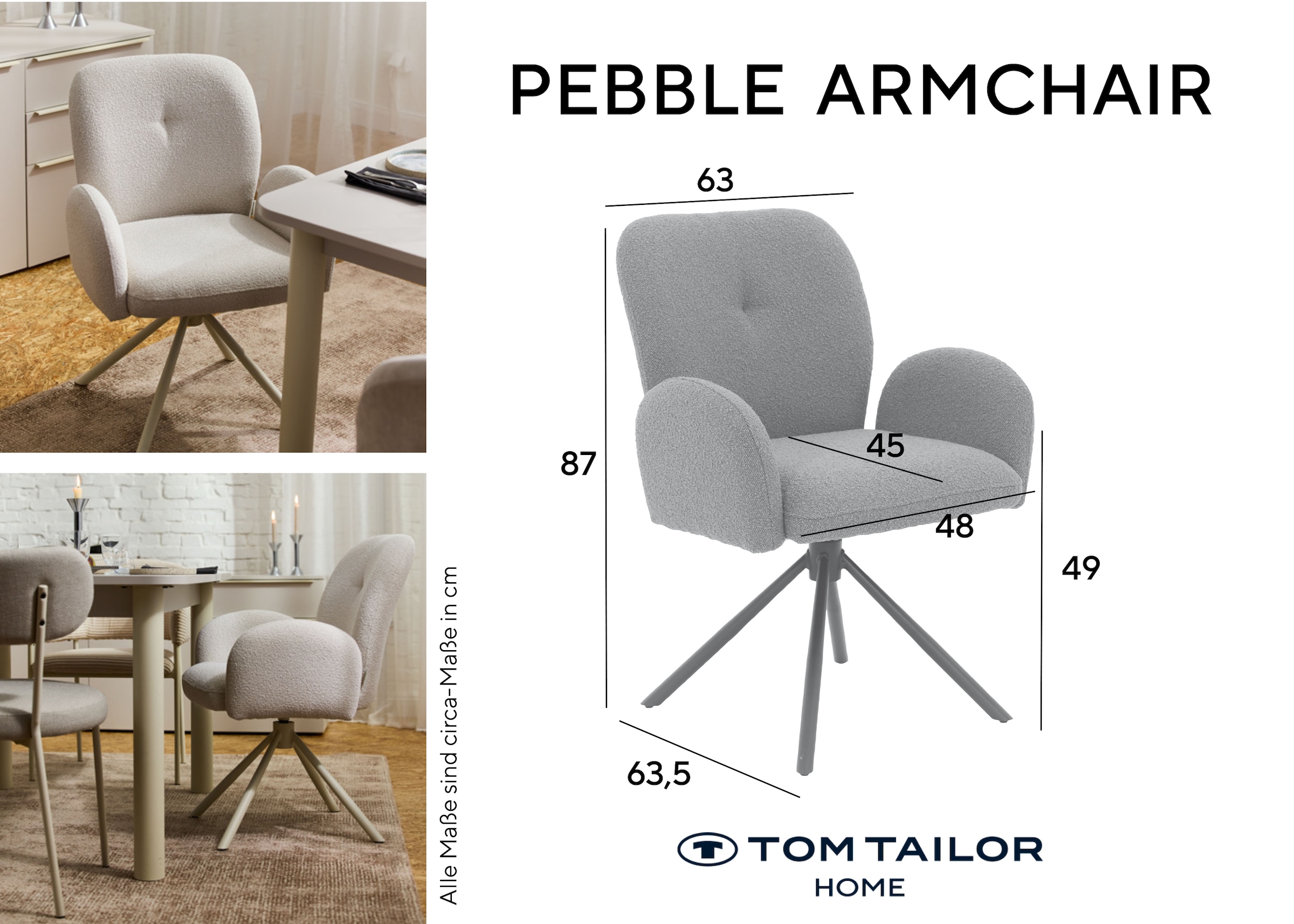 TOM TAILOR HOME Chaise avec accoudoirs »PEBBLE ARMCHAIR« (Set) 2 cuisEsszimmerstuhl, mit Armlehnen, 4-Fussgestell, 140 kg belastbar, drehbar
