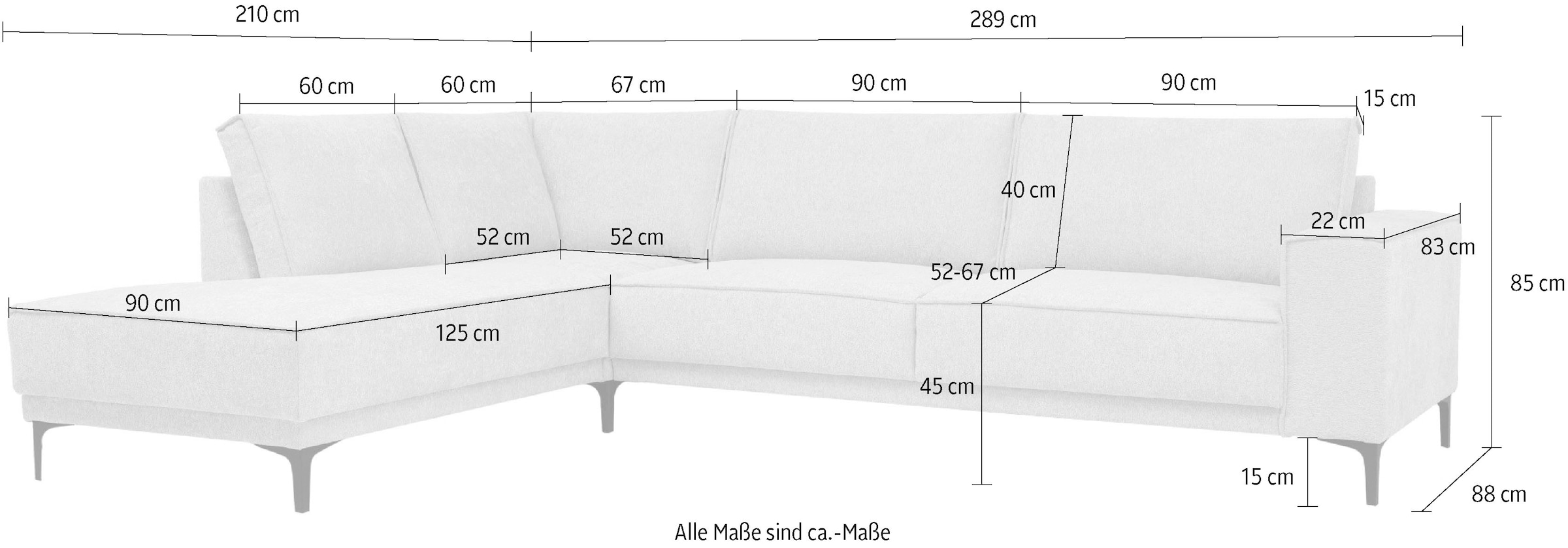 Places of Style Ecksofa »Polsterecke Oland, Struktur, Flachgewebe, Luxus-Microfaser, Boucle«, L-Form, 289 cm, Wellenunterfederung, Skandi-Design, Metallfüsse