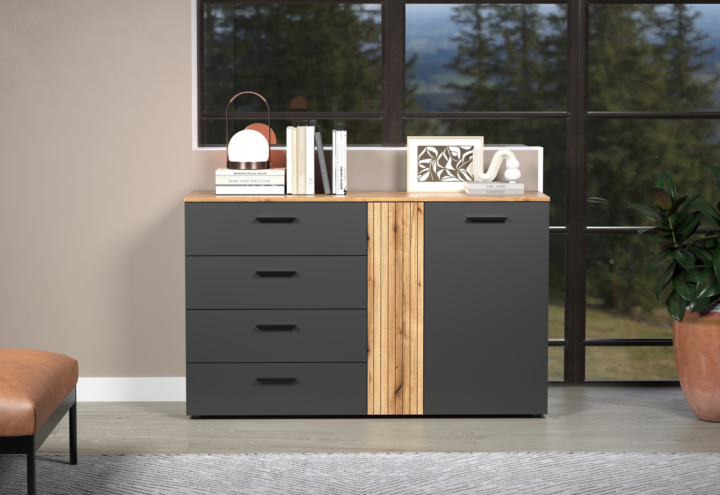 INOSIGN Kommode »Estepona«, (1 St.), Schubladenschrank in Rillenoptik mit Vollauszug-Funktion