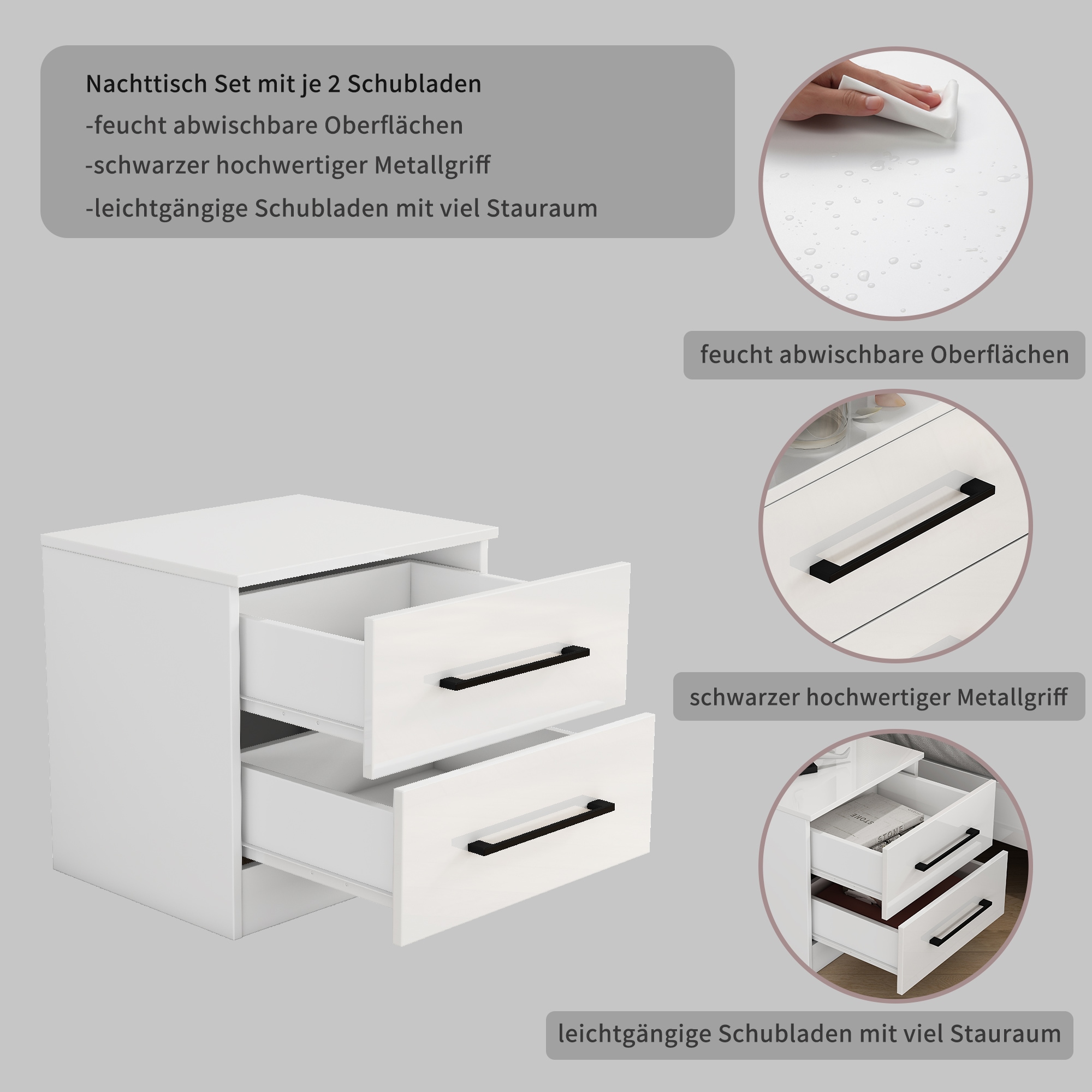 GOODproduct Nachtkommode »Sylt Bestseller, 2 Schubladen mit viel Stauraum – Ordnung & Eleganz.« Spar-Set, modernes Hochglanz Nachtschrank Set (2 Stück) Stilvolles Design, 2 Stk. tlg. Nachttisch Bestseller Beistelltisch Kommode