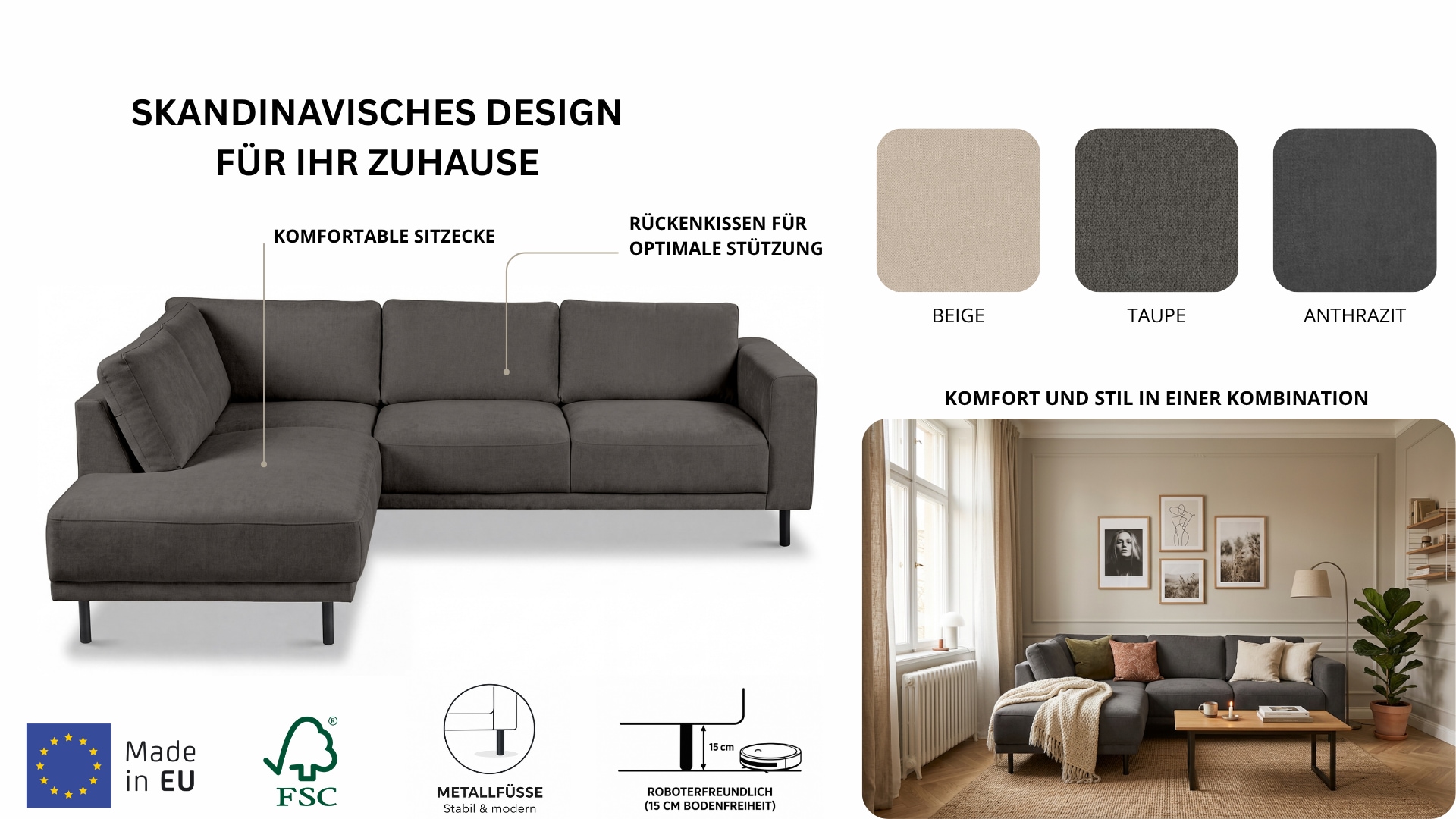 GOODproduct Canapé d'angle »Sveeva, L-Form, B.240 cm, schwarze Metallfüsse« langlebiger Strukturstoff, mit Wellenunterfederung, viele Farben