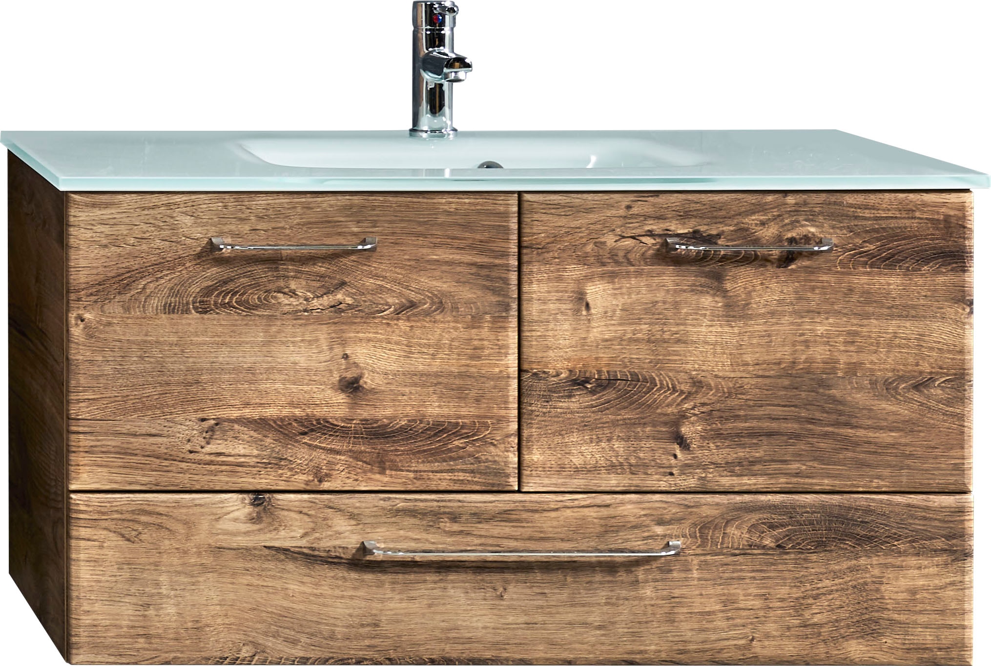 Image of Saphir Waschtisch "Quickset Glaswaschtisch mit Unterschrank, 99 cm breit, Waschplatz" Griffe in Chrom Glanz, inkl. Türdämpfer, 2 Türen, 1 Schublade
