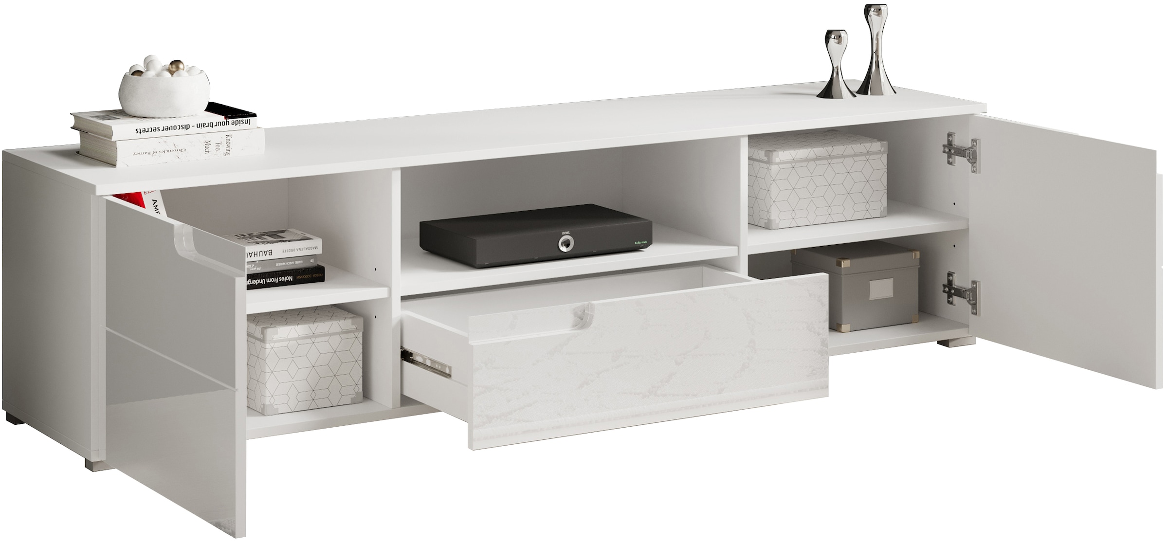 HBZ Lowboard »Spice weiss Hochglanz, TV Schrank bis 65 Zoll, BxHxT 165x42x40 cm«, (1 St.), Mit 2 Türen, 1 Schubkasten, 1 Kabeldurchführung, 1 offenes Fach