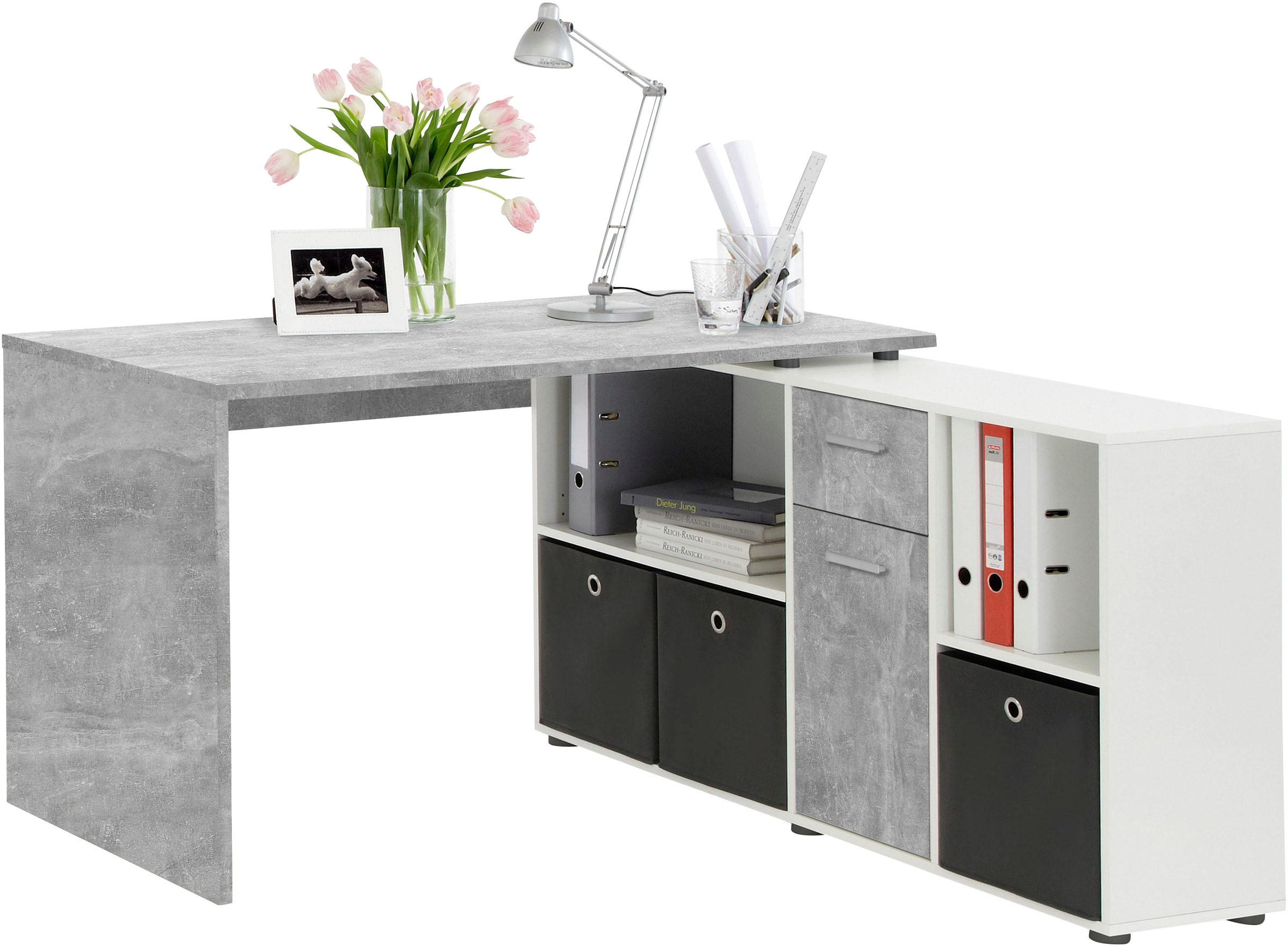 FMD Eckschreibtisch "Lexo" Schreibtisch/Sideboard viel Stauraum, beidseitig montierb., 136/205 cm