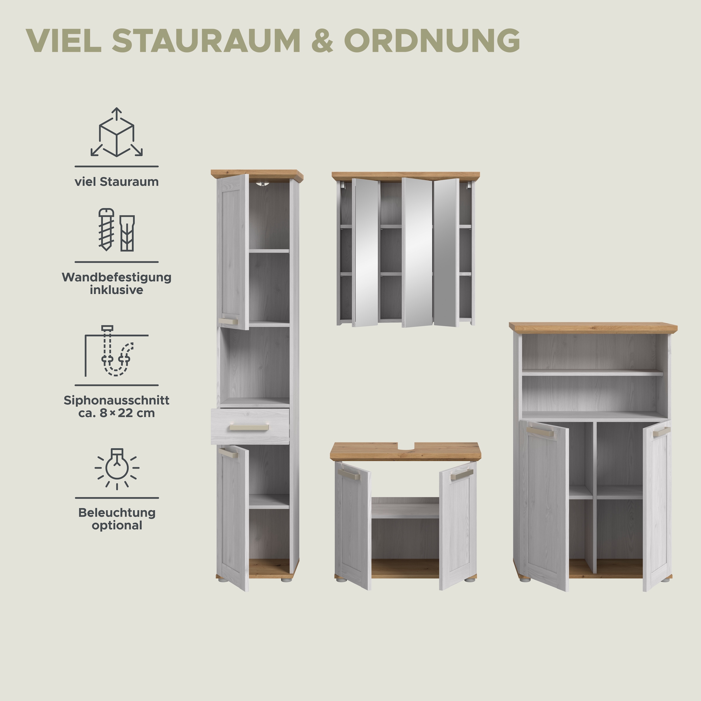 welltime Badmöbel-Set »COSENZA« best. aus: 1Hochschrank, 1Spiegelschrank, 1WBU, 1Midischrank, 4 Stk. tlg.