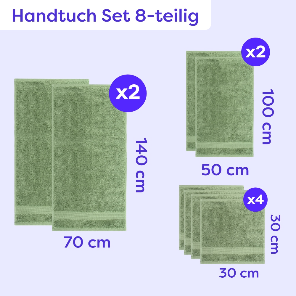 Wolkenfeld Handtuch Set »Premium Low-Twist Baumwolle 550 g/m² – 8-teilig mit Waschlappen« 8 tlg. Frottier 2 Badetücher, 2 Handtücher gross & 4 Waschlappen