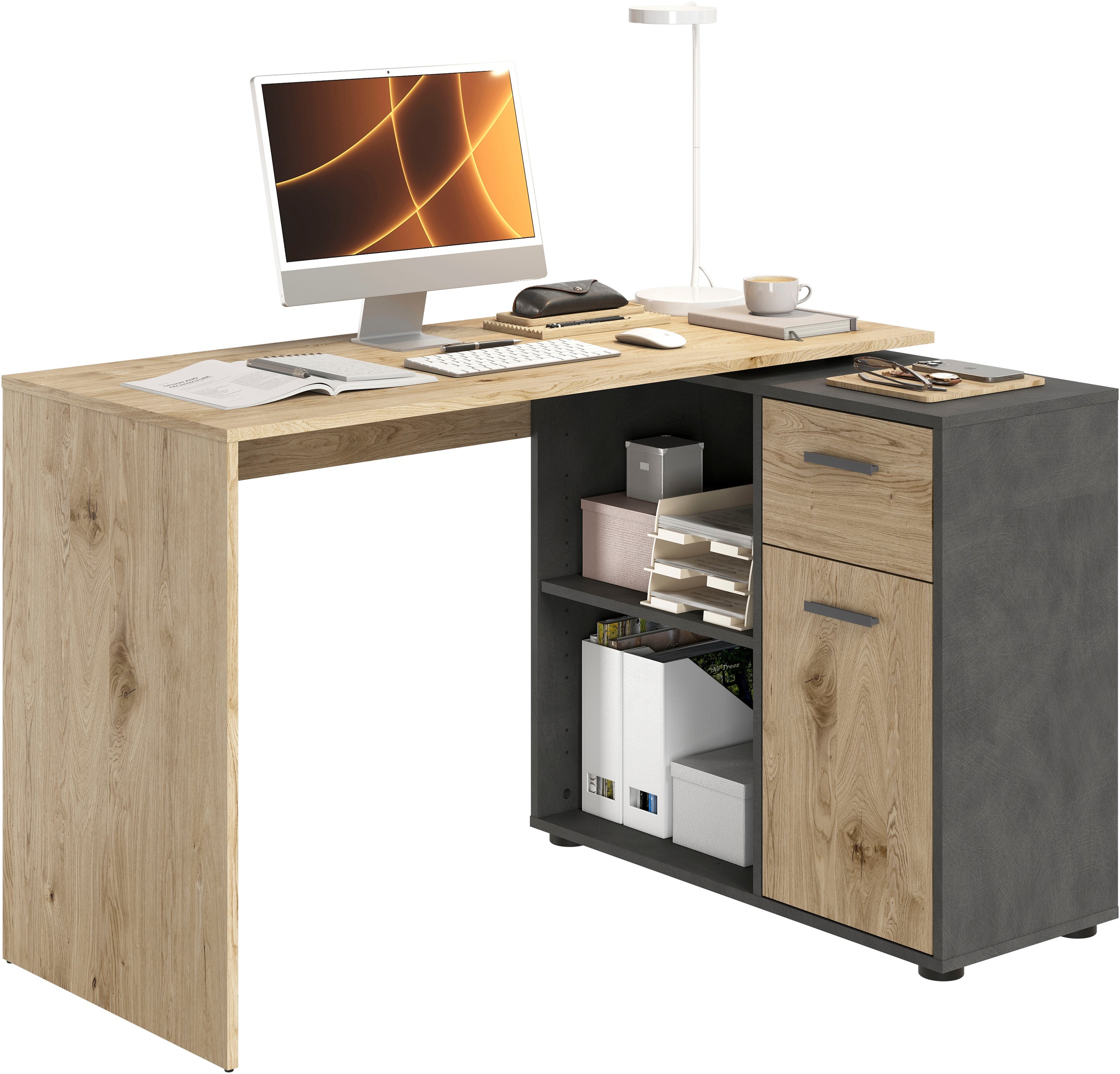 Image of FMD Eckschreibtisch "AUGSBURG" Schreibtisch/ Sideboard m. Stauraum, beids. montierb., 117 oder 148 cm
