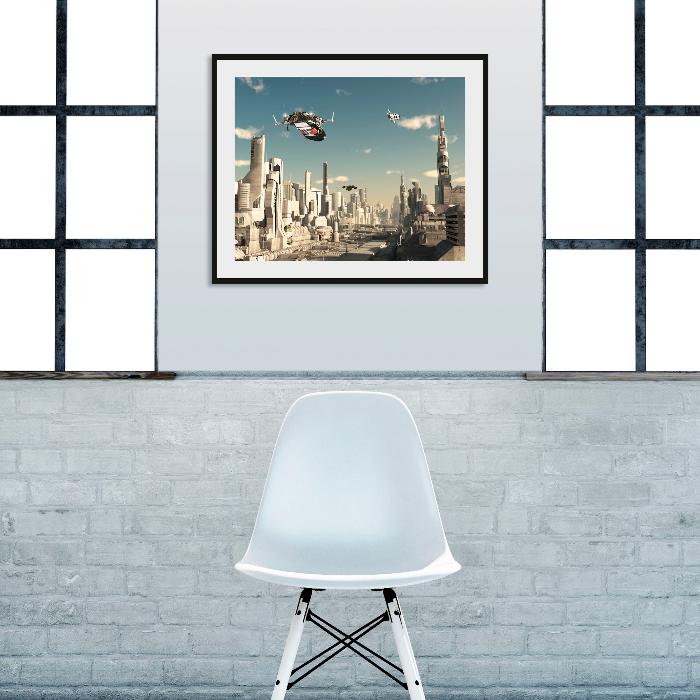 Image of queence Bild "FUTURAMA" Film Flugzeuge Himmel Stadt Städte 1 Stk. tlg. HD Premium Poster-Druck inkl. Holzrahmen