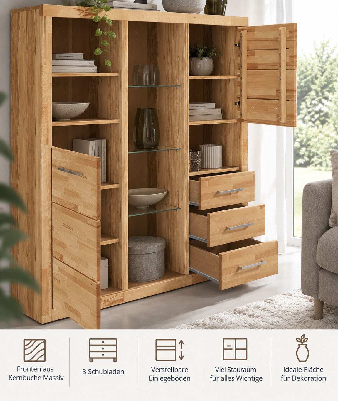 GOODproduct Buffet haut »Ribe,130cm breit145cm hoch,Fronten Massivholz,12 Fächer« Corps en panneau de bois, poignées en métal, étagères réglables