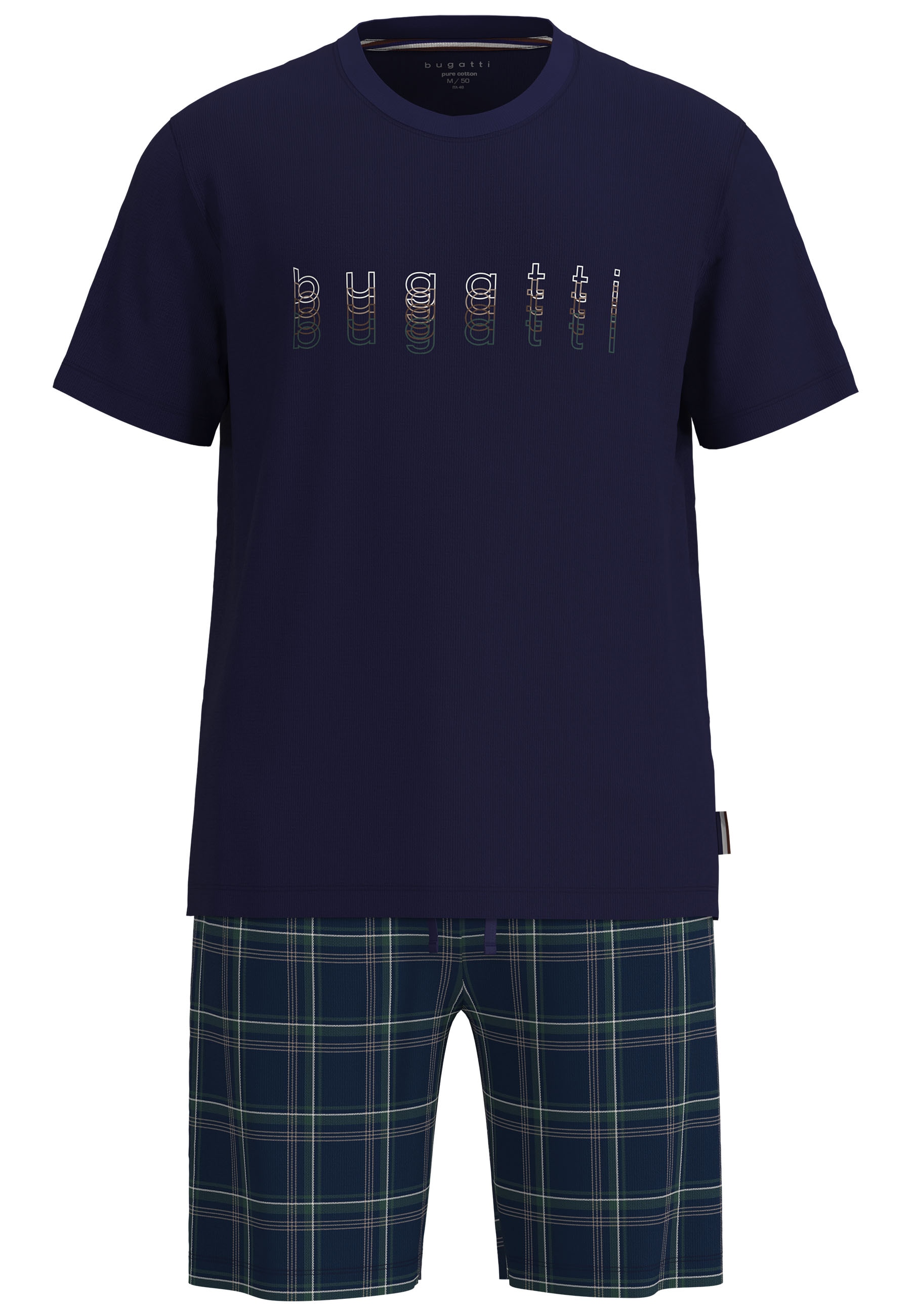 bugatti Shorty Kurzarm, Rundhalsausschnitt, kurze Hose, kariert,  mit Logo, Baumwolle