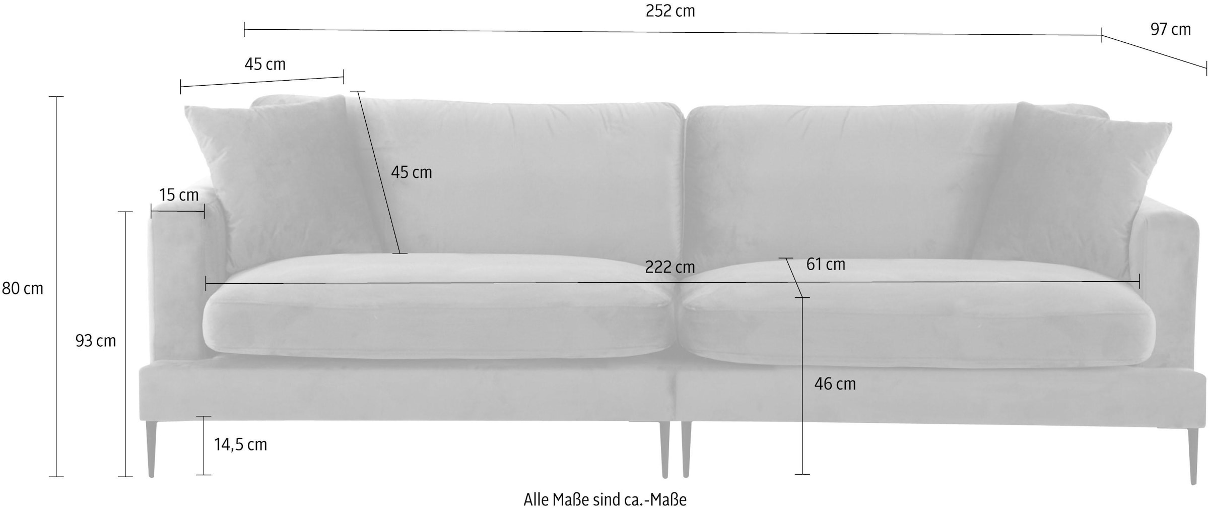 Leonique Big-Sofa »Cozy elegantes Designsofa, Masse B/T/H: 252/97/80 cm«, mit losen Kissen und Metallbeinen
