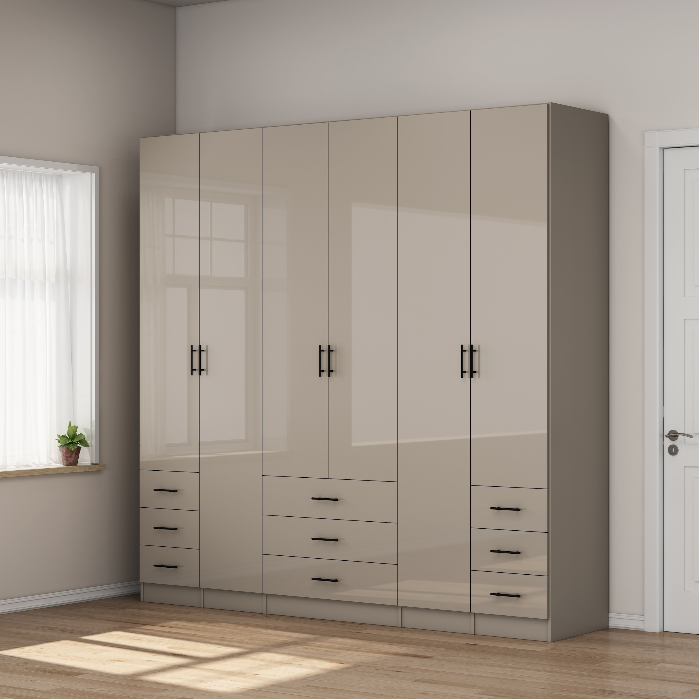 GOODproduct Armoires à vêtements »Trento Schlafzimmerschrank Garderobe hochglanz« in 2 unterschiedlichen Schrankhöhen wählbar,  Schrank mit 6 Türen und 9 Schubladen, Hochglanz-Fronten, 2,39m Höhe