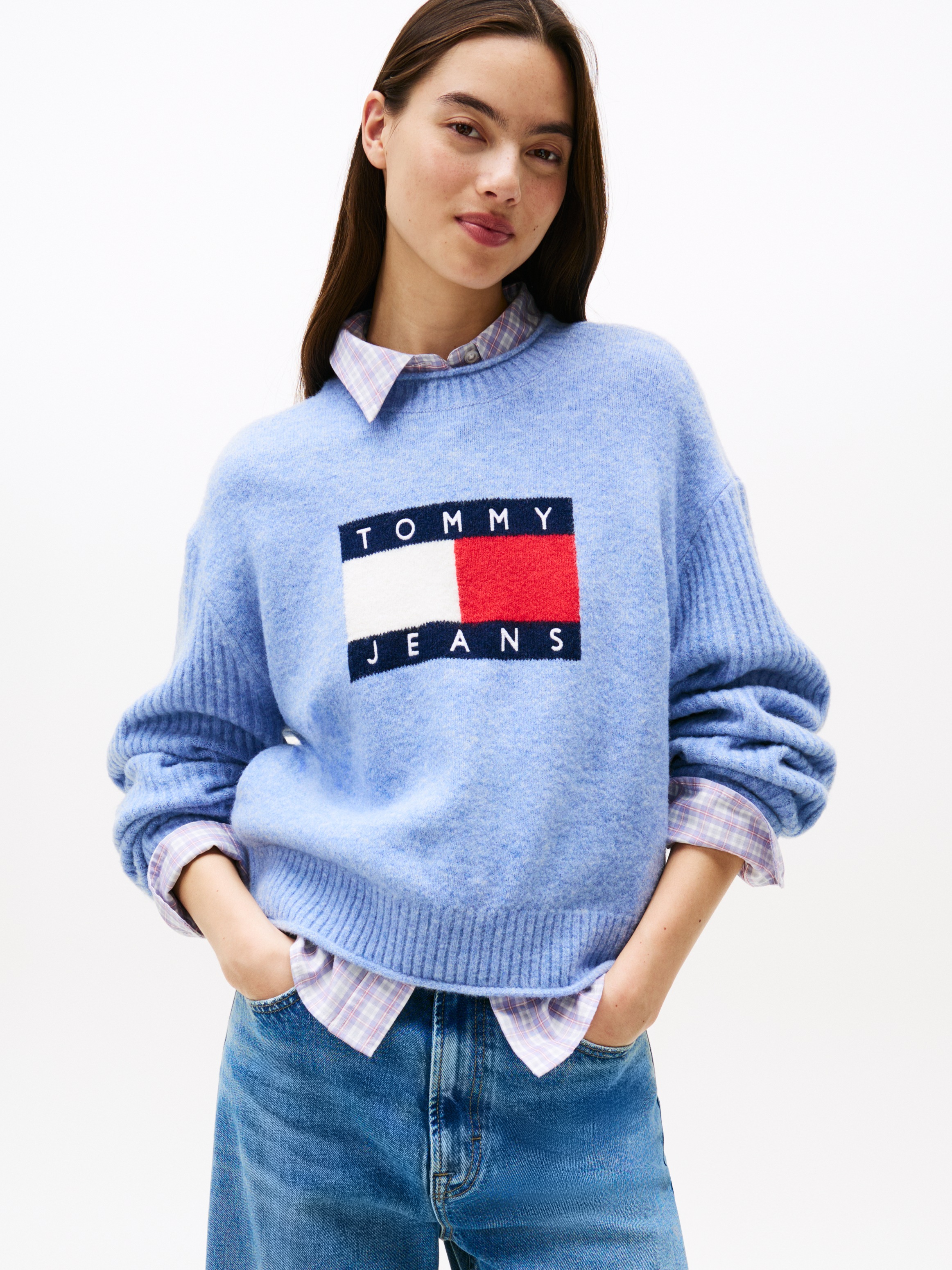 Tommy Jeans Strickpullover »TJW MELANGE FLAG SWEATER RIB EXT«, in gerippter Struktur