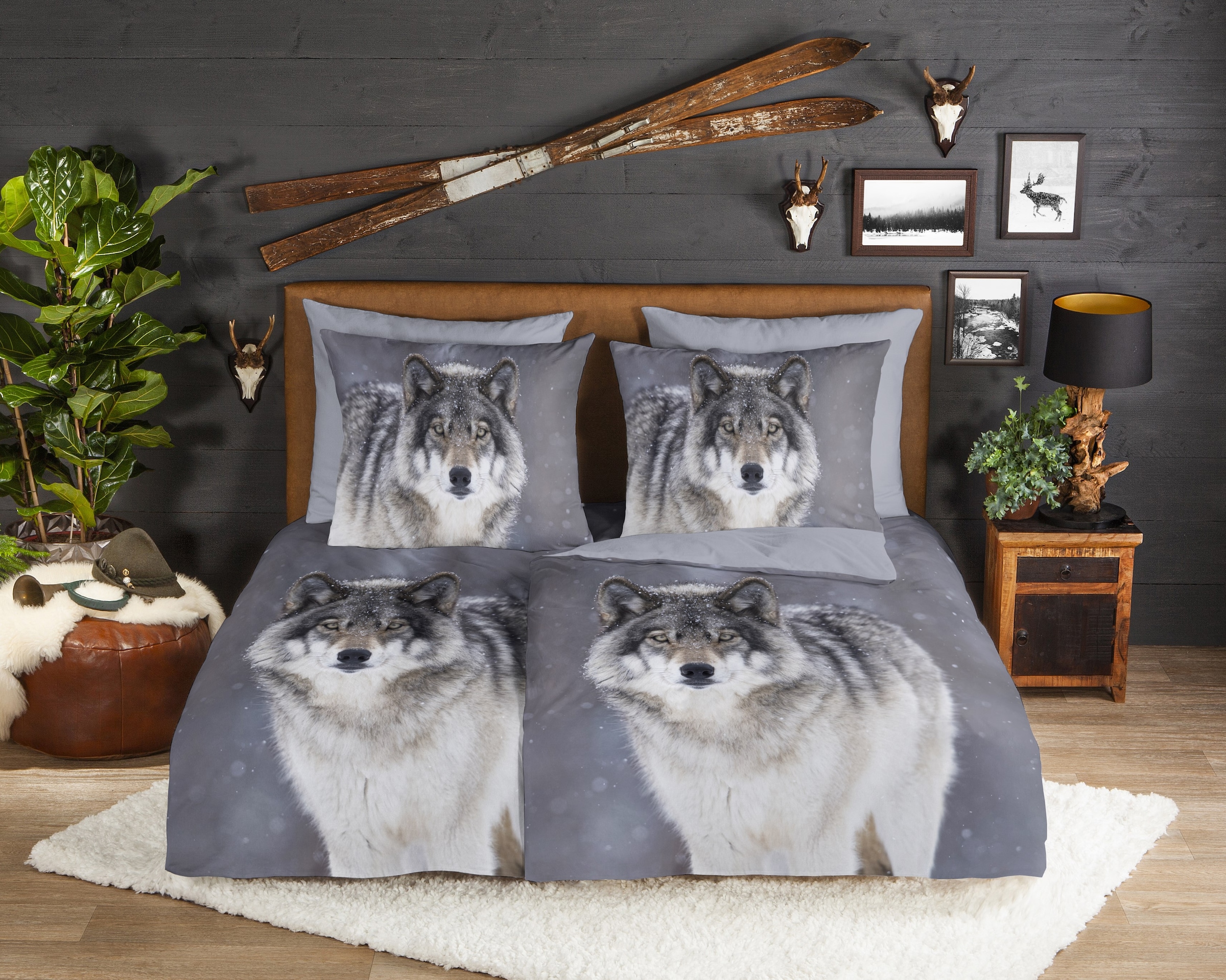 good morning Wendebettwäsche »Wolfie«, Flanell, Biber, Winter, Warm, Reissverschluss, Wendeoptik, Wolf, Grau