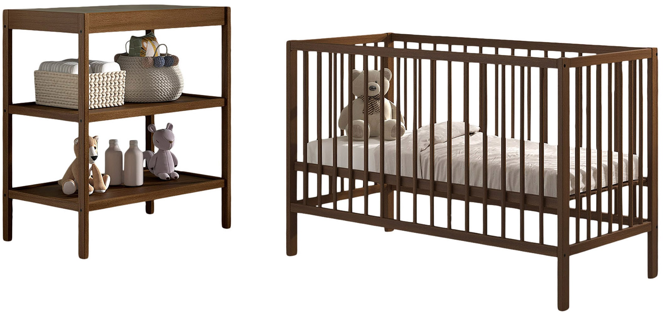Image of Vipack Babymöbel-Set "DINO, ideal für Ihr Kinderzimmer, Made in Europe, Buche massiv" best. aus Babybett 60/120 u. Wickelregal, 2 tlg. Liegefläche 3-fach höhenverstellbar, Ausf. Buche Nussbaumfarbig