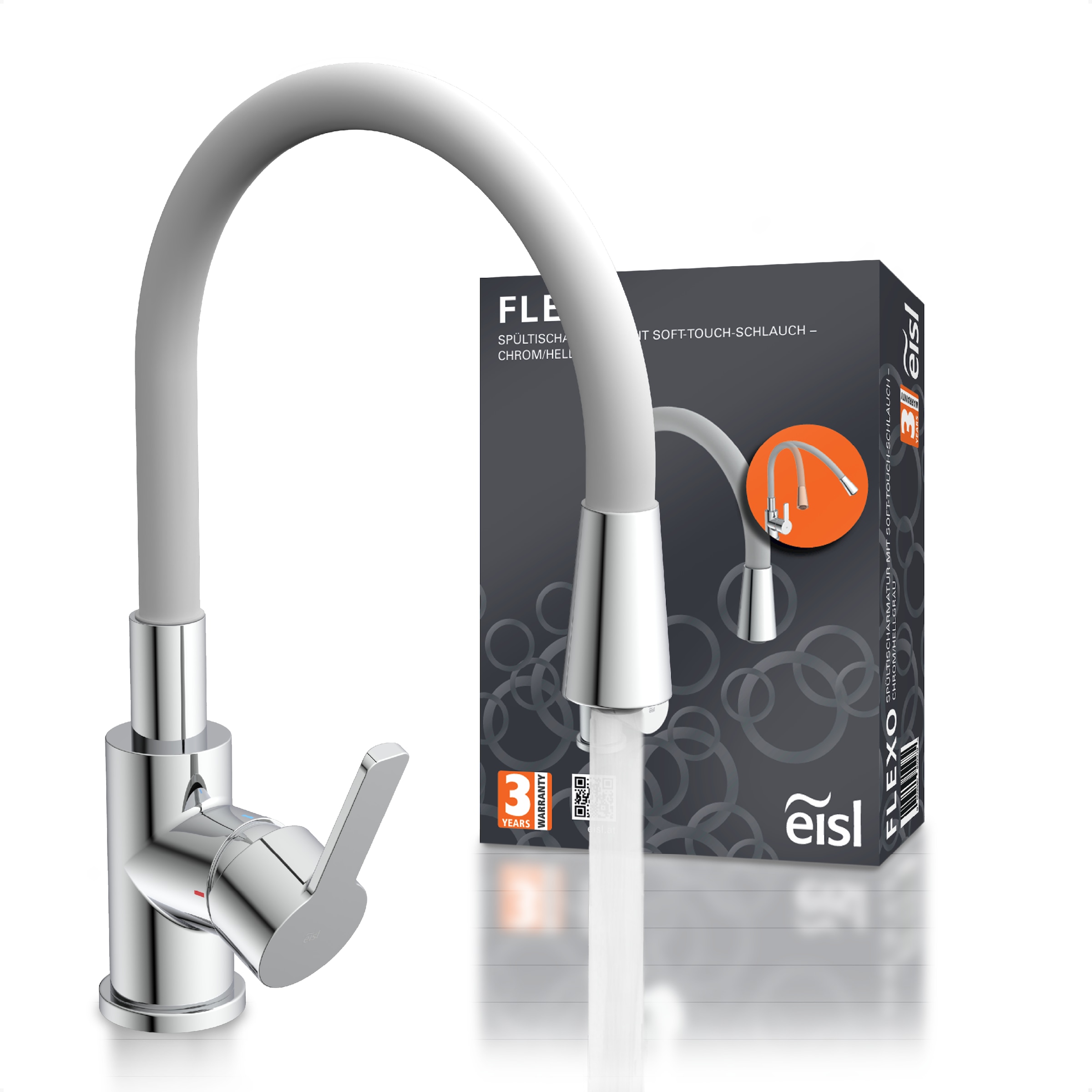 Eisl Robinet d'évier »Flexo« robinet de cuisine, flexible, toucher doux, Eco-Click, démarrage à froid, 360°