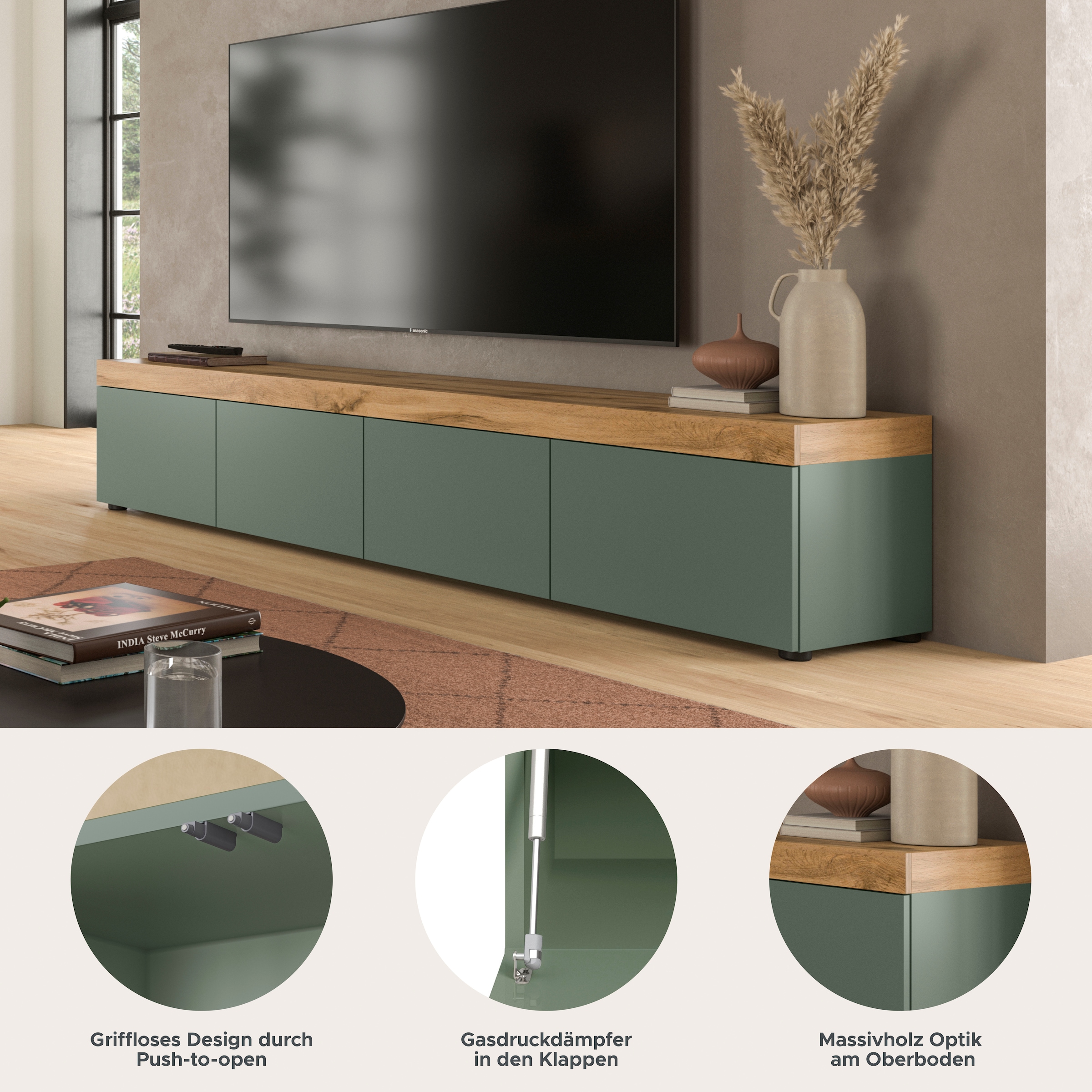 GOODproduct Table basse »MAMBO, TOPSELLER!, Breite 200cm, 4 Klappen, stehend oder hängend« 2 farbige Ausführung, in verschiedenen Farben erhältlich, 1 cuis tlg. Lowboard, TV Unterschrank, Tv-Schrank, Wohnzimmer