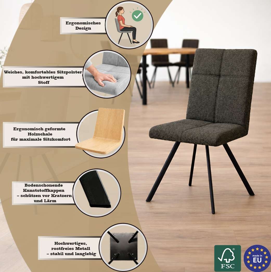 Home affaire Esszimmerstuhl »Mia Essstuhl, Wohnstuhl, Polsterstuhl, 4-Fussstuhl« (Set) 2 Stk.mit schwarz pulverbeschichteten Metallbeinen, gepolstert, modern