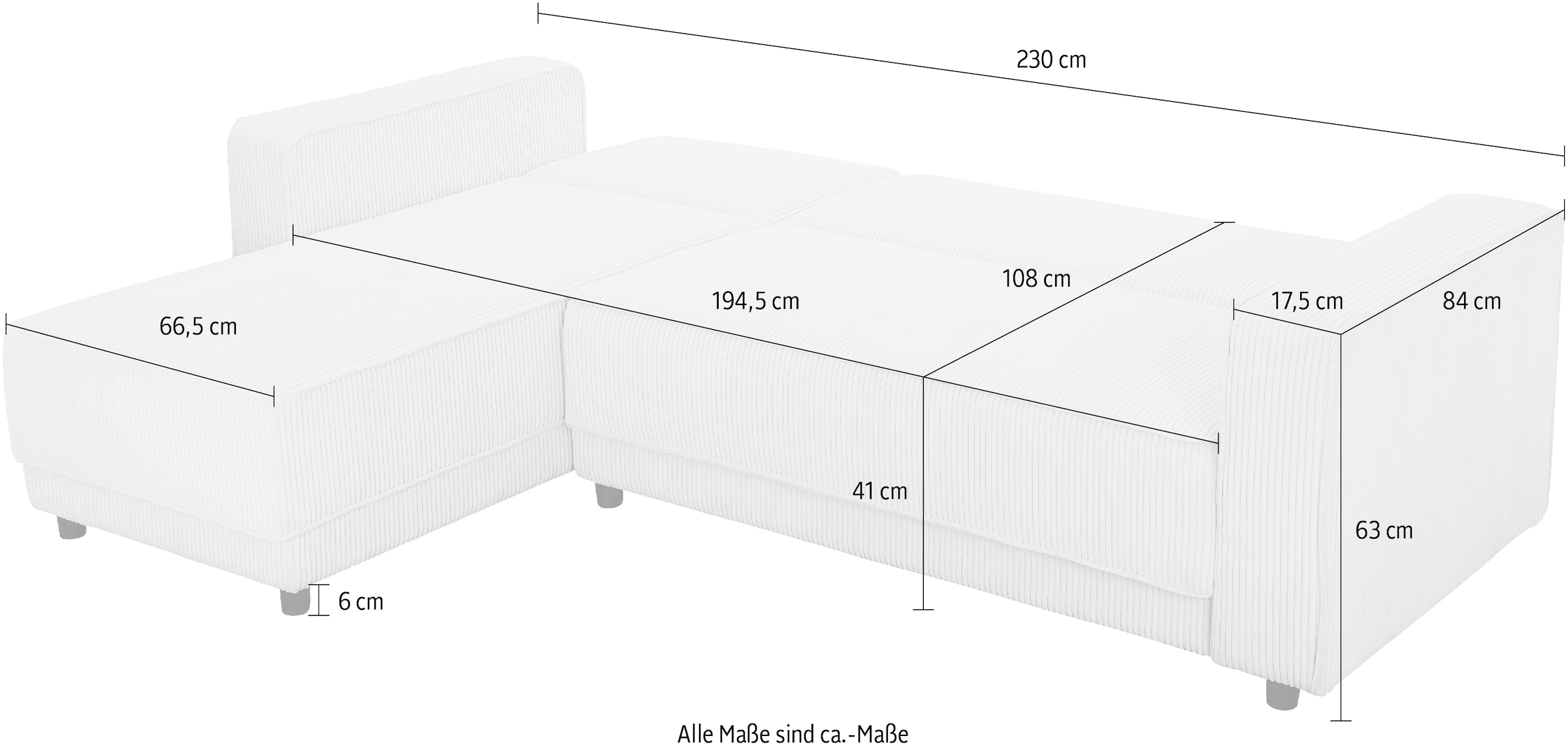 Dorel Home Ecksofa »Allie Schlafsofa 230 cm mit Relaxfunktion in der Rückenlehne«, Schlaffunktion (108/194,5cm), trendiger Cord o. pflegeleichter Velours