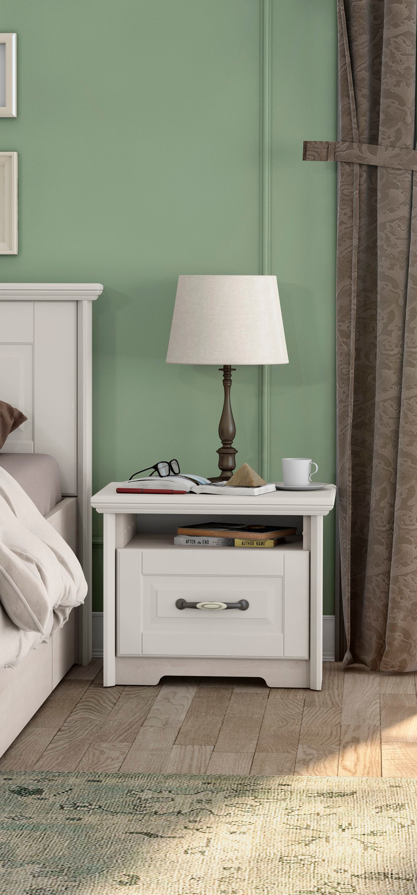 GOODproduct Nachtkommode »Evergreen, Masse: B/T/H 56/42/45cm, Soft-Close-Funktion« 1 offenes Fach und 1 Schublade mit dekoriertem Metallgriff,  im klassischen Landhausstil,FSC-zertifiziert,hochwertige UV Lackierung