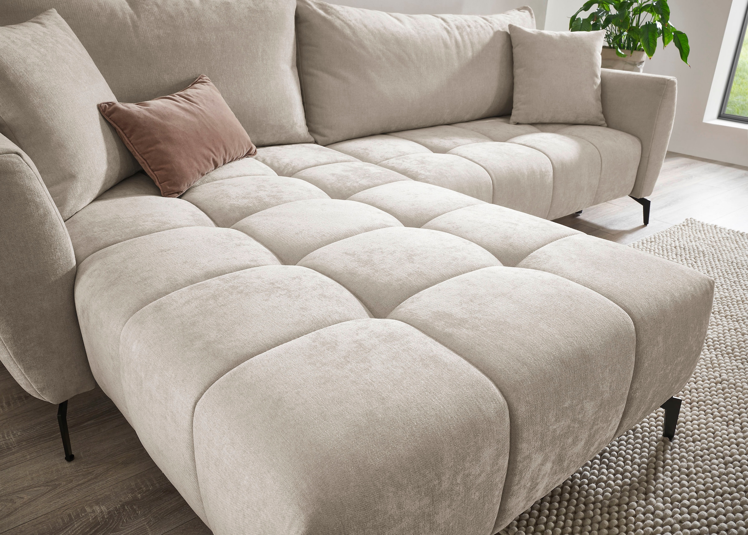 GOODproduct Canapé d'angle »JINNIE Chenille, L-Form, Polsterecke m. Schlaffunktion« Chauffeuse montage à gauche/droite, en tissu tissé ou chenille