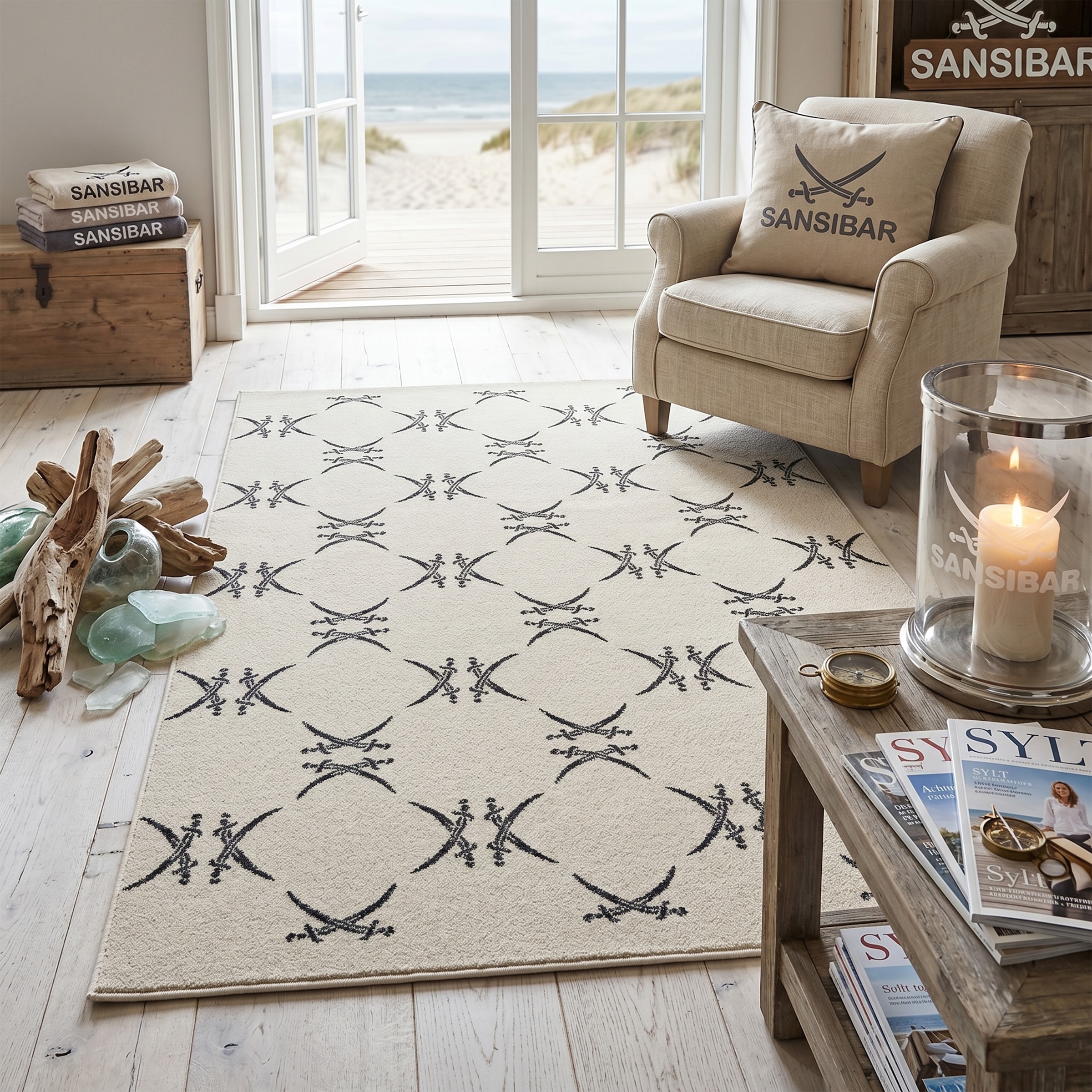 Image of Sansibar Teppich "Heide SA-037" rechteckig 10 mm Höhe modernes Design, mit Motiv: gekreuzte Säbel, Wohnzimmer