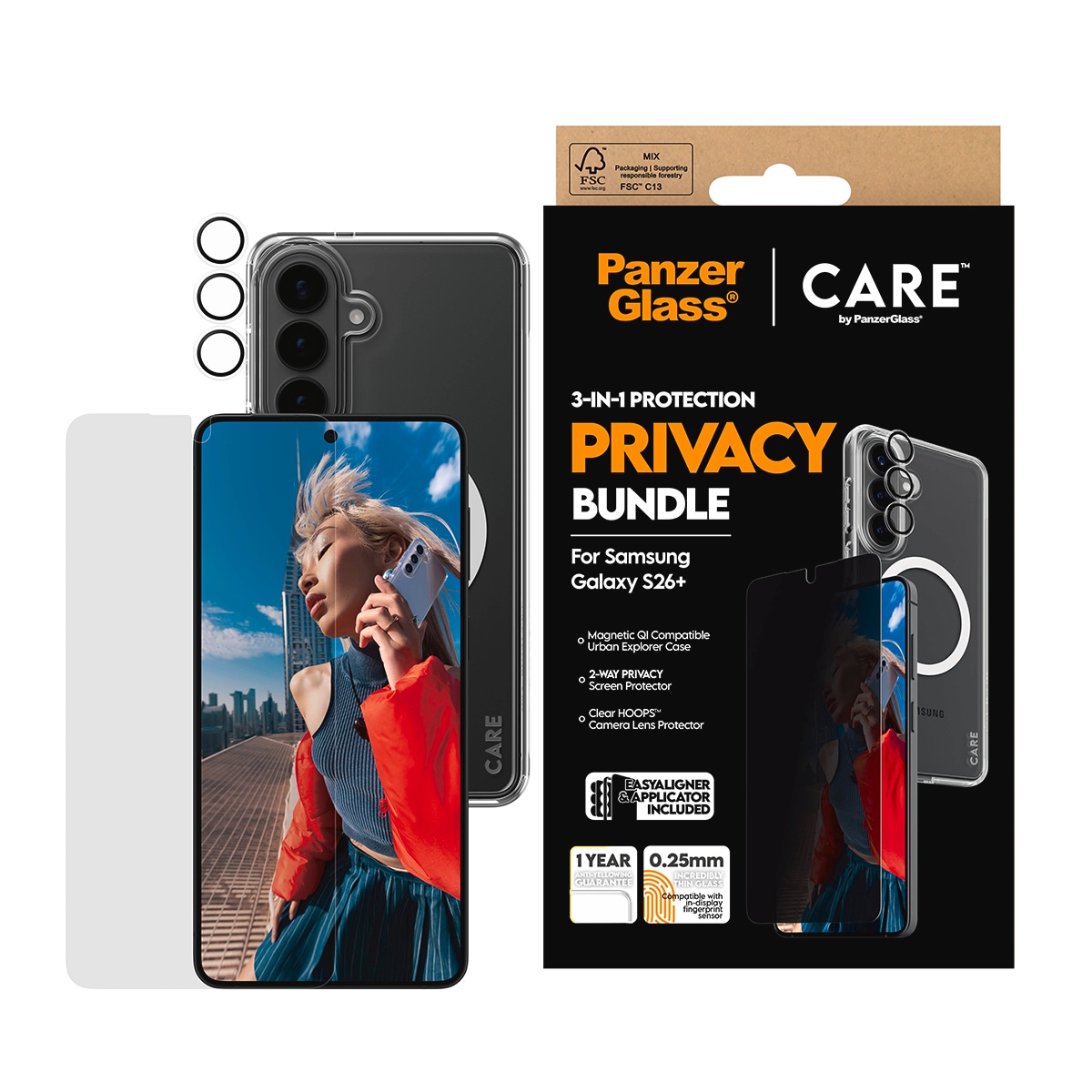 Image of CARE by PanzerGlass Displayschutzglas "3-in-1 Protection Privacy Bundle" für Samsung Galaxy S26+ Displayschutzfolie, Schutzfolie, Bildschirmschutz, kratz- & stossfest