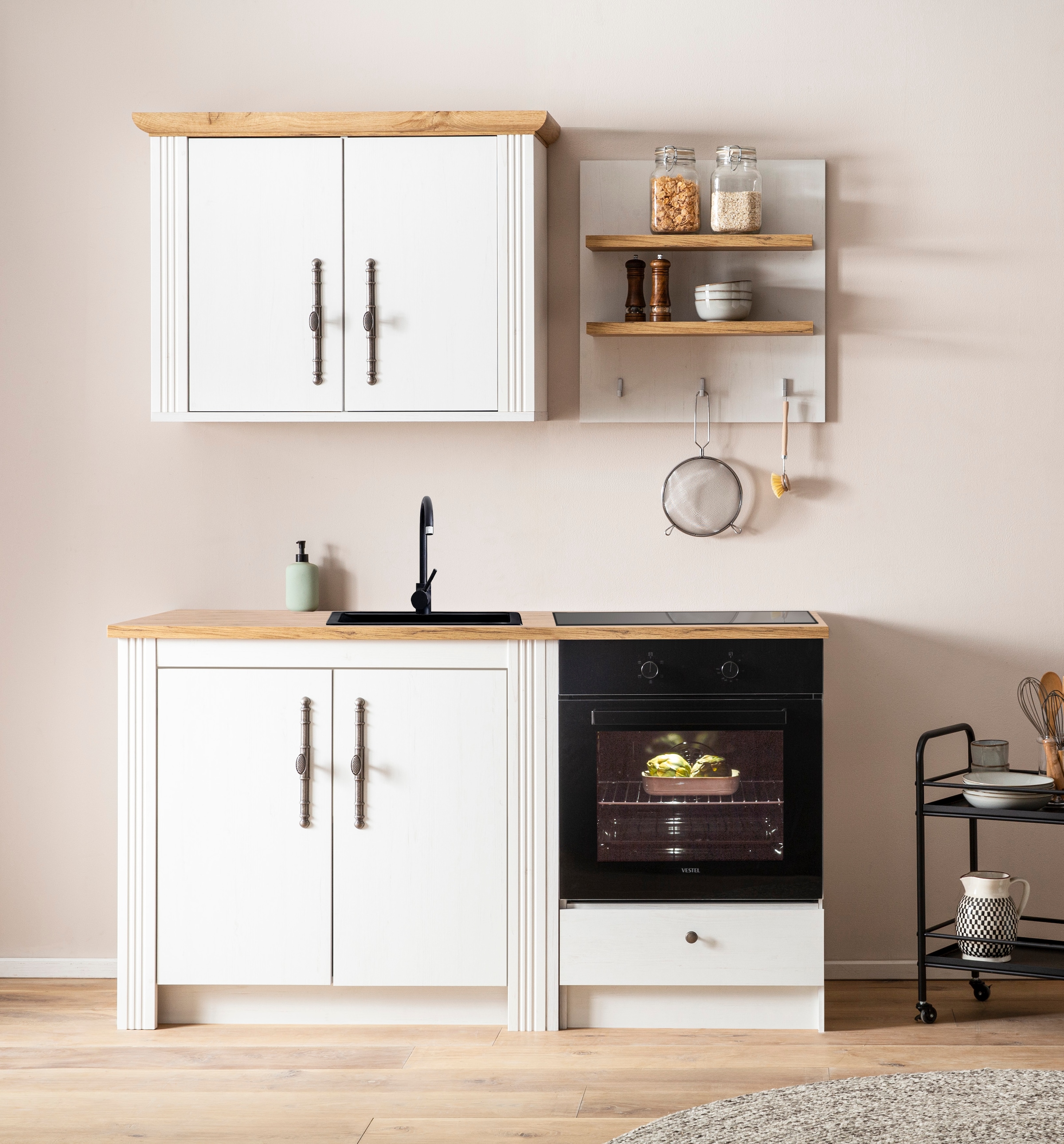 GOODproduct Küchenzeile »KS-Westminster, Pantryküche im Landhaus Stil, hochwertige Metallgriffe« Set,  Breite 164 cm, Kommode, Wandpaneel, Hängeschrank und Herdumbau