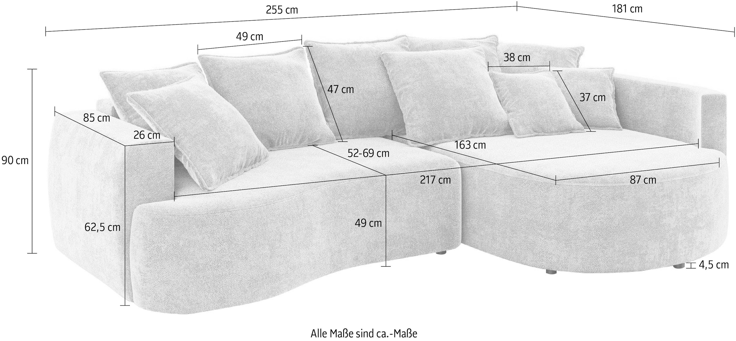 INOSIGN Ecksofa »Kahekili, Schlafsofa mit Bettkasten, Masse B/T/H: 255/181/90/ cm«, L-Form mit Wellenunterfederung, 7 Rückenkissen und 2 Zierkissen
