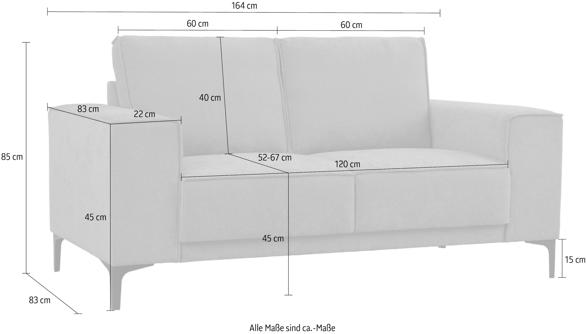 Places of Style 2-Sitzer »Kompaktsofa Oland, Struktur, Flachgewebe, Luxus-Microfaser, Boucle«, 164 cm, Wellenunterfederung, Skandi-Design, Metallfüsse