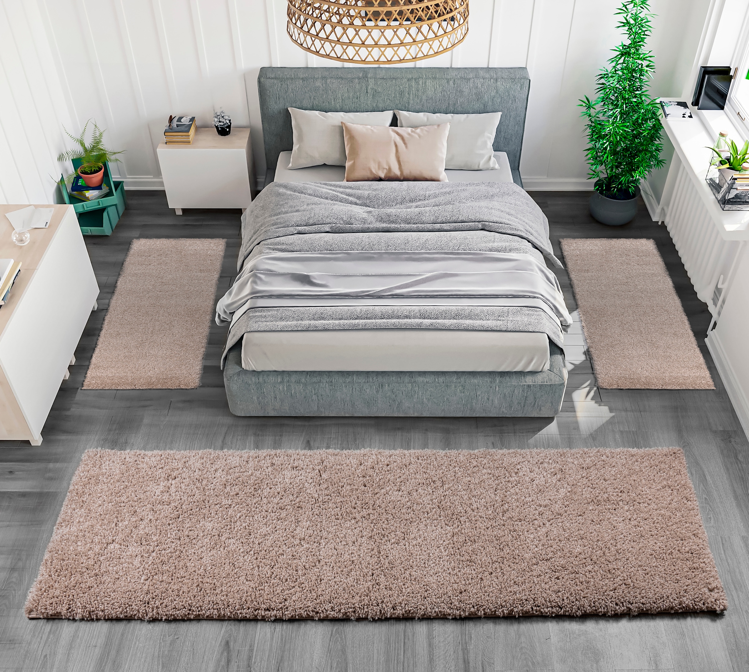 Bruno Banani Bordure de lit »Shaggy Soft« Höhe 30 mm 3 tlg. gewebt, Uni-Farben, besonders weich, Bettvorleger, Läufer-Set